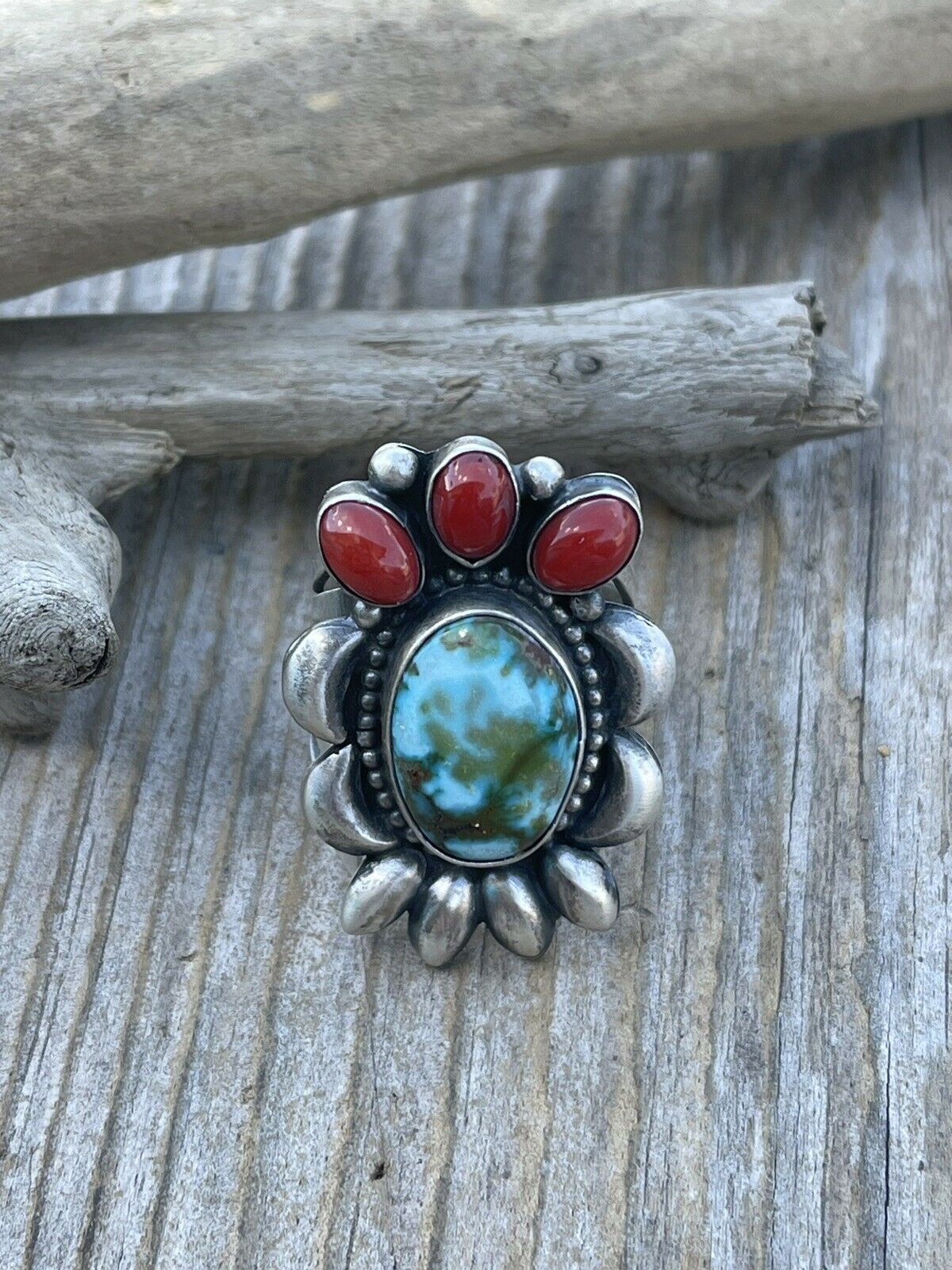 Handcrafted Sterling Silver Kingman Web Turquoise & Red Coral Taos Collection Ring Sz 8.5