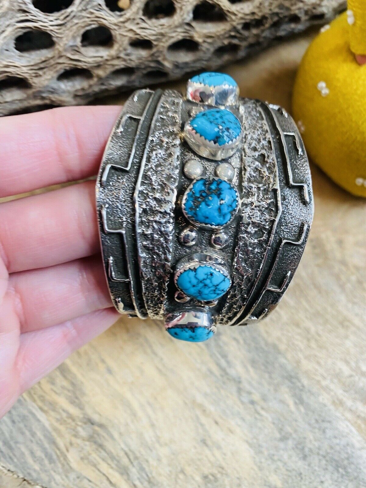 Handcrafted Kingman Turquoise & Hand Stamped Sterling Silver Cuff Bracelet