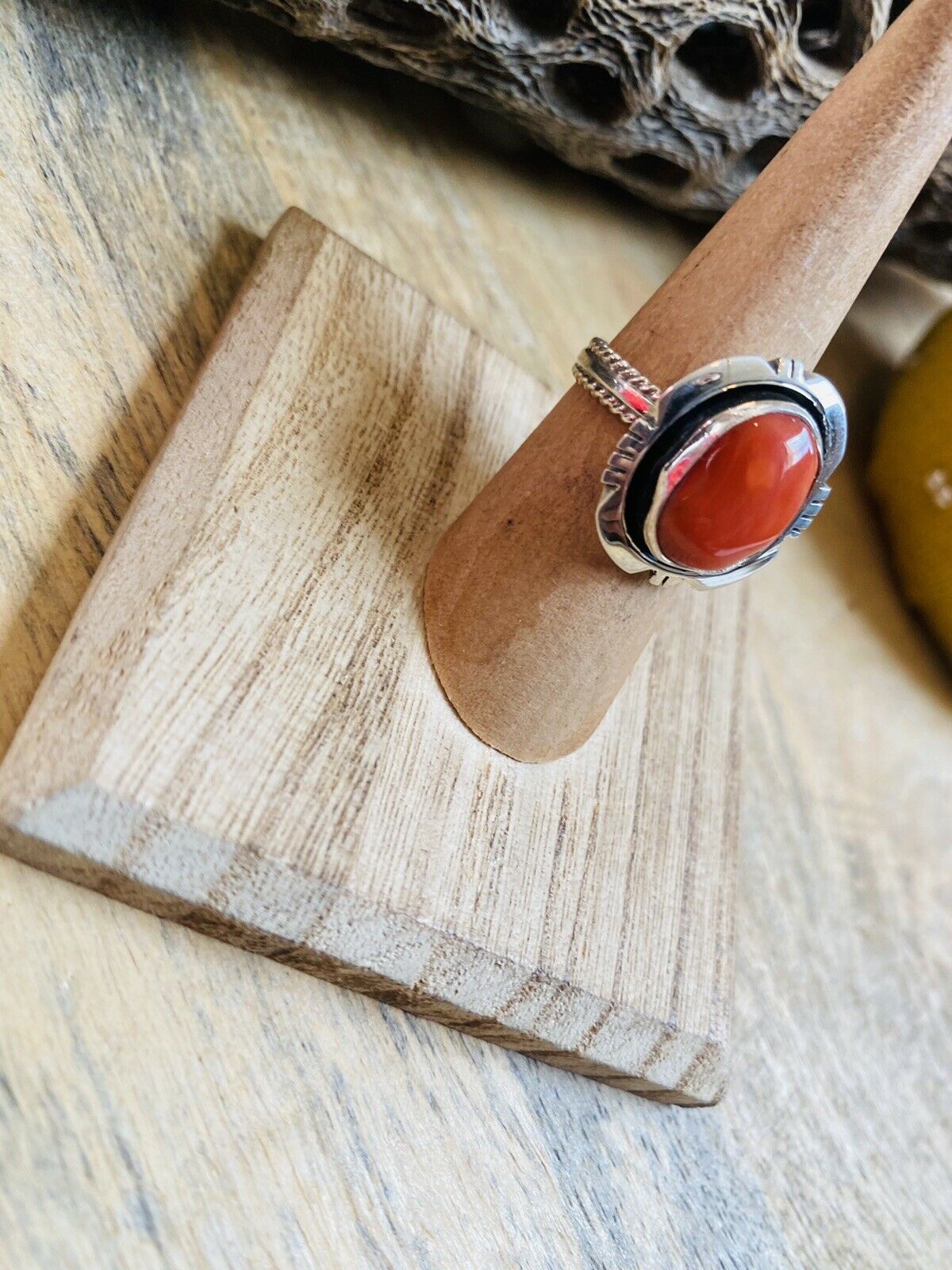 Handcrafted Sterling Silver & Orange Spiny Ring Size 5.75
