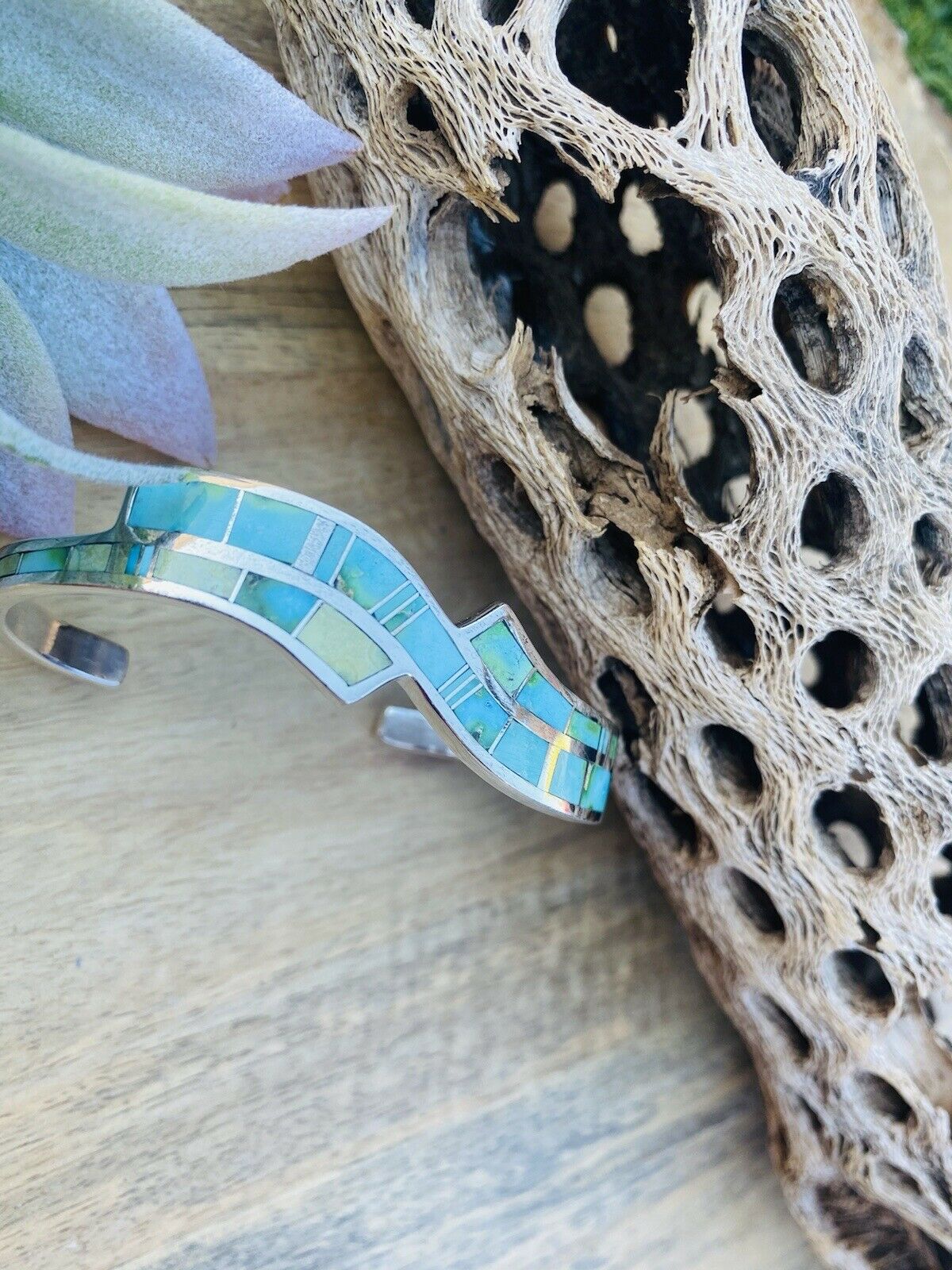 Handcrafted Sonoran Mountain Turquoise & Sterling Silver Inlay Cuff Bracelet /