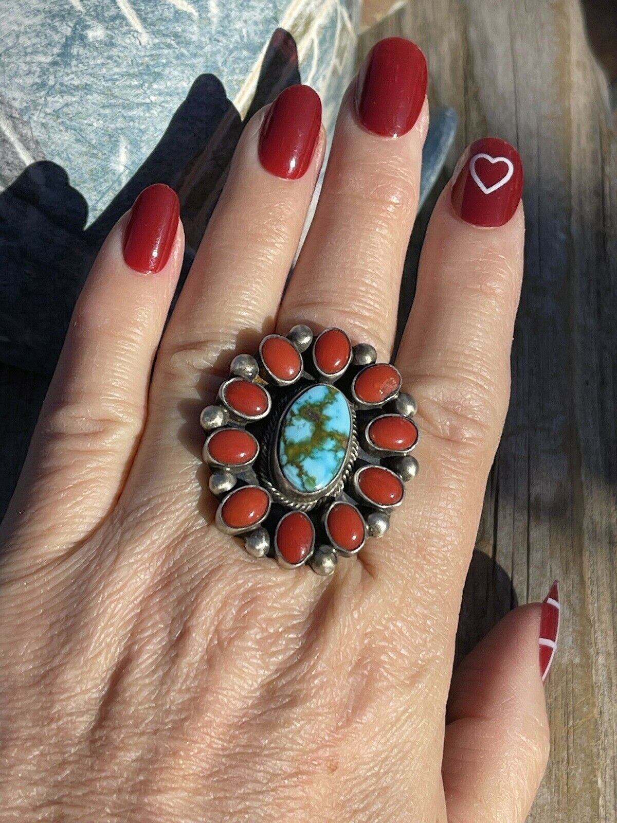 Handcrafted Sterling Silver Kingman Web Turquoise & Red Coral Taos Ring Sz 7