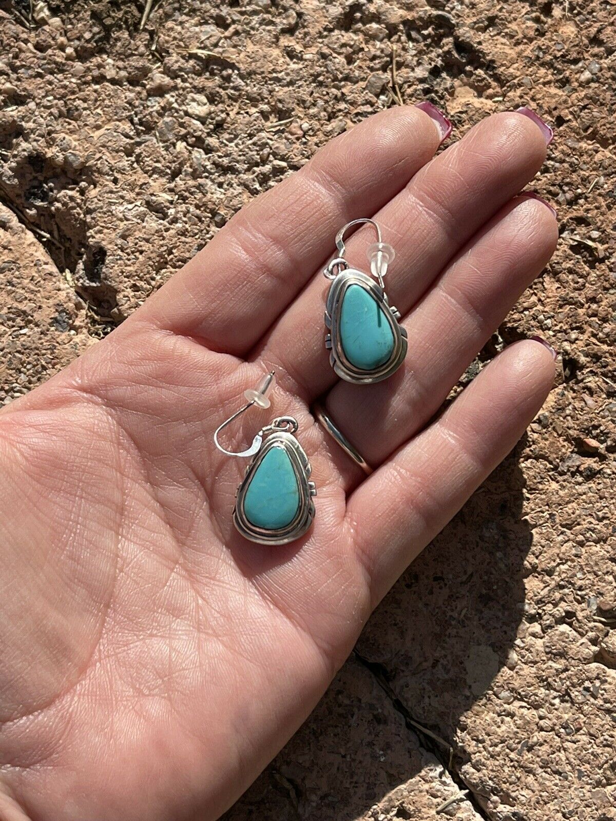 Handcrafted Sterling & Turquoise Teardrop Dangle Post Earrings Signed P. A Smith