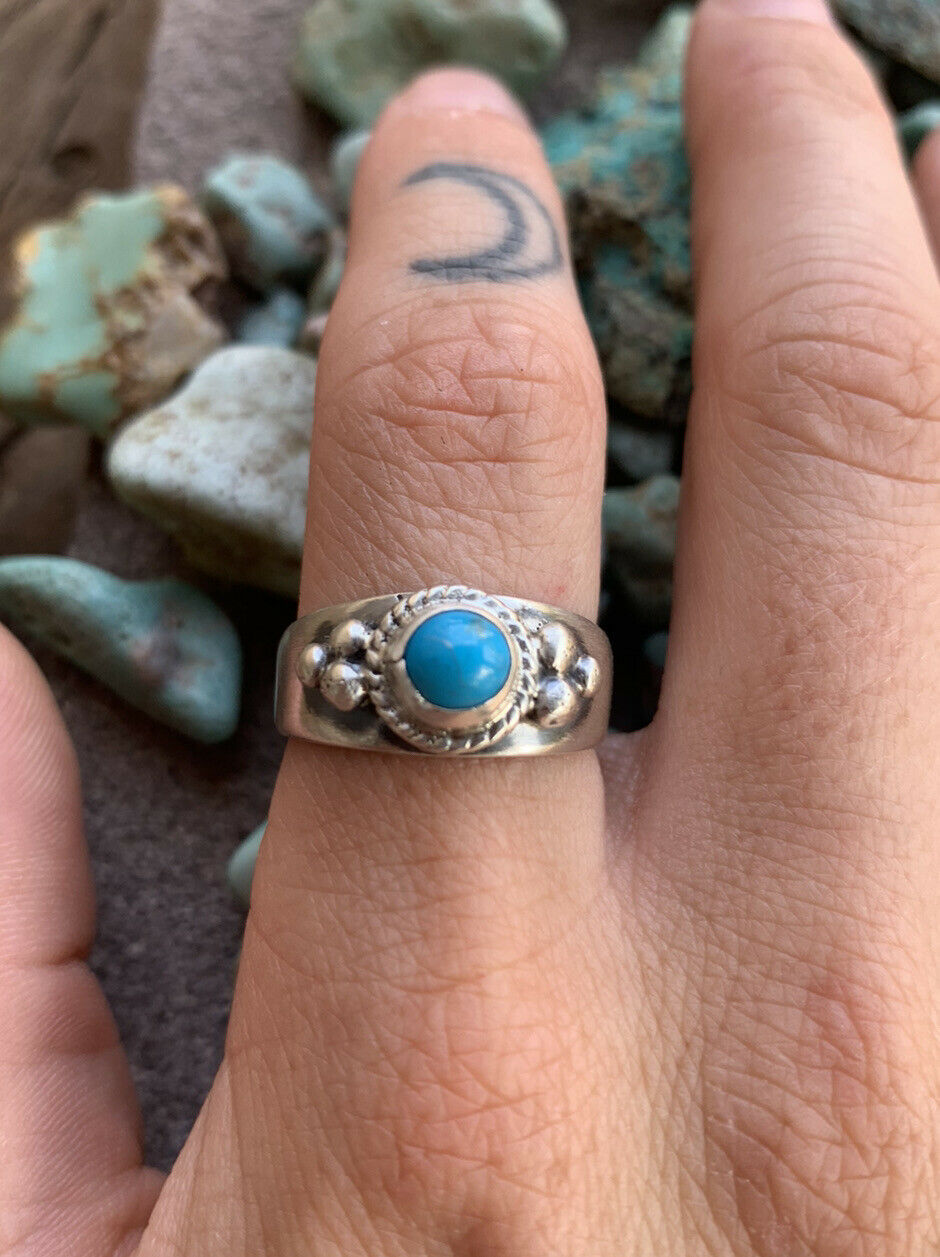 Handcrafted Turquoise & Stamped Sterling Silver Ring