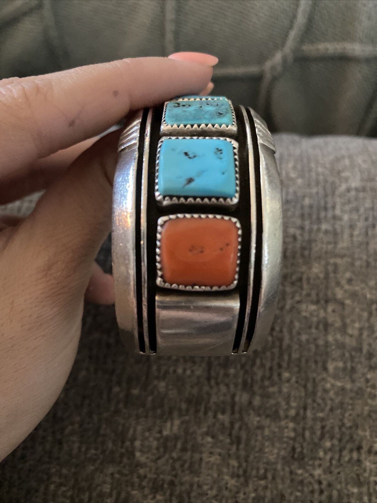 Handcrafted Kingman Turquoise, Coral & Sterling Silver Cuff Bracelet Signed /