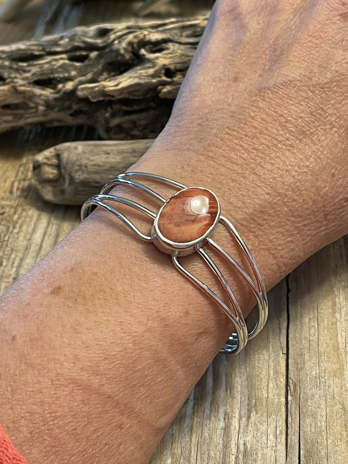 Handcrafted Orange Spiny Sterling Silver Bracelet Loop Cuff Stamped Begay