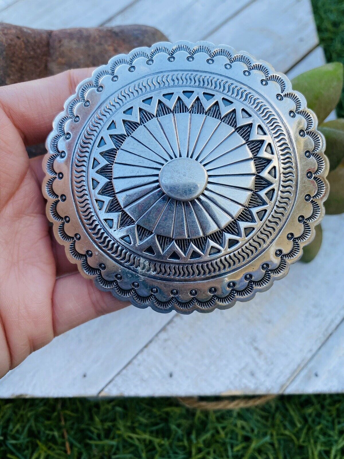 Handcrafted Vintage Hand Stamped Sterling Silver Belt Buckle Signed