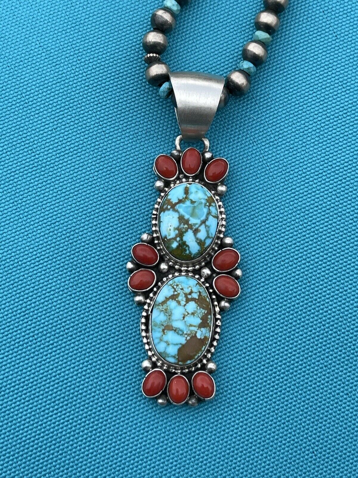 Handcrafted Sterling Kingman Web Turquoise & Red Coral Taos Pendant Bea Tom
