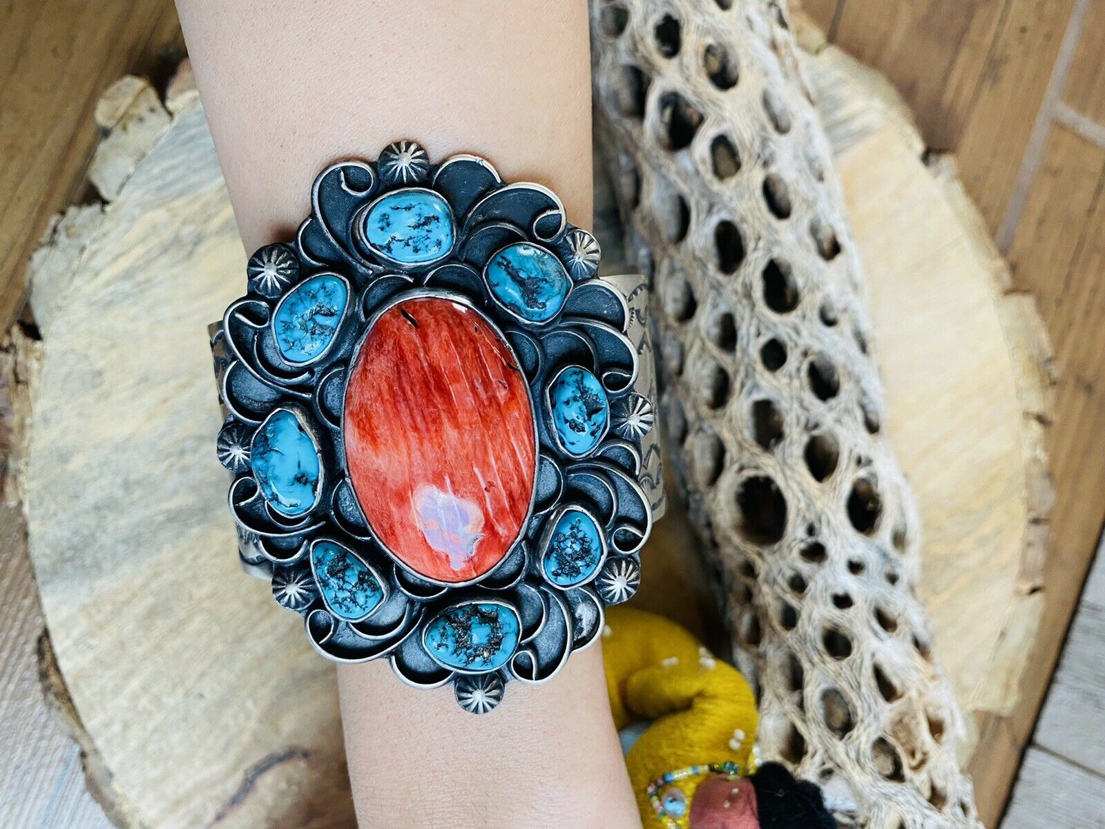 Navajo Turquoise, Orange Spiny & Sterling Silver Cuff Bracelet Signed /