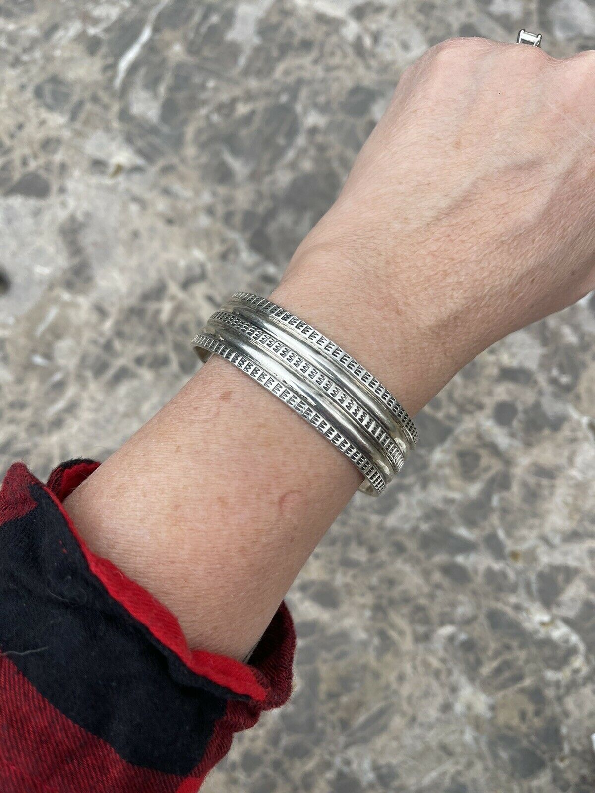 Handcrafted Sterling Silver Tribal Style Hand Stamped Bracelet Cuff Signed