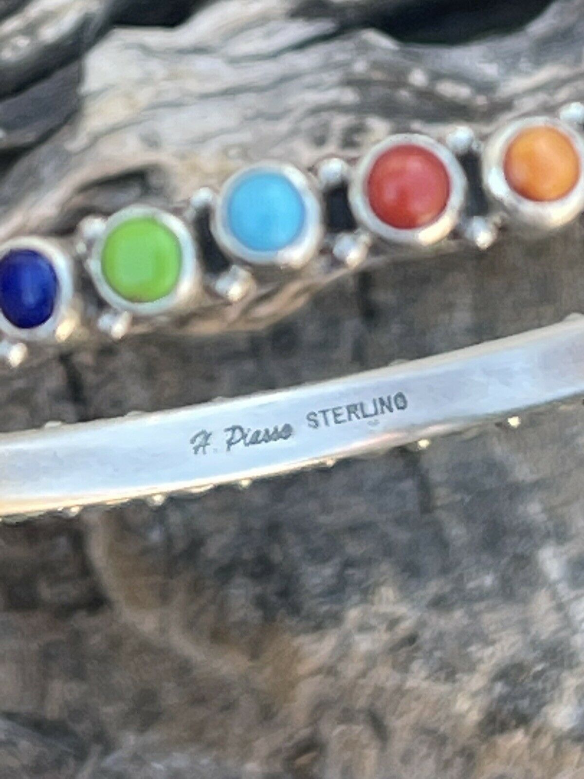 Handcrafted Multi Stone Rainbow Sterling Silver Bangle Signed