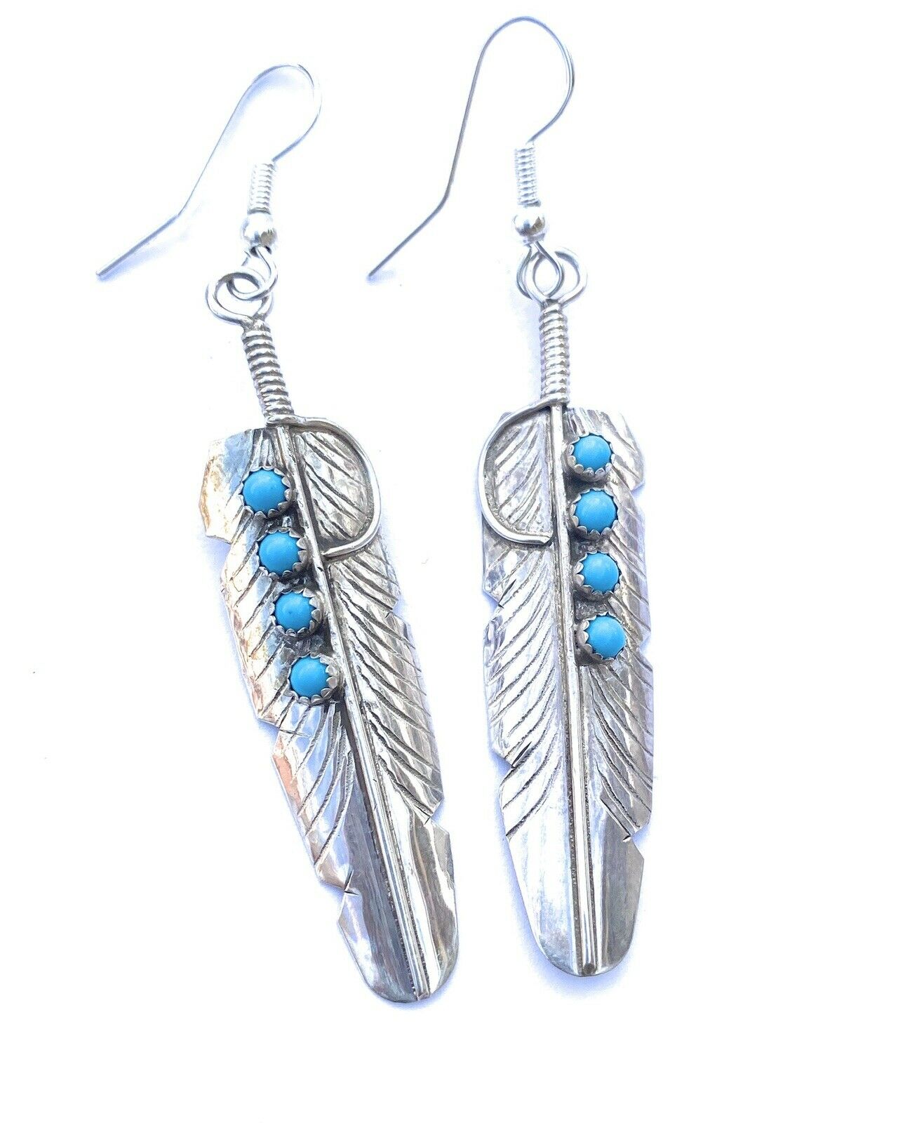 Handcrafted Turquoise & Sterling Silver Feather Dangle Earrings