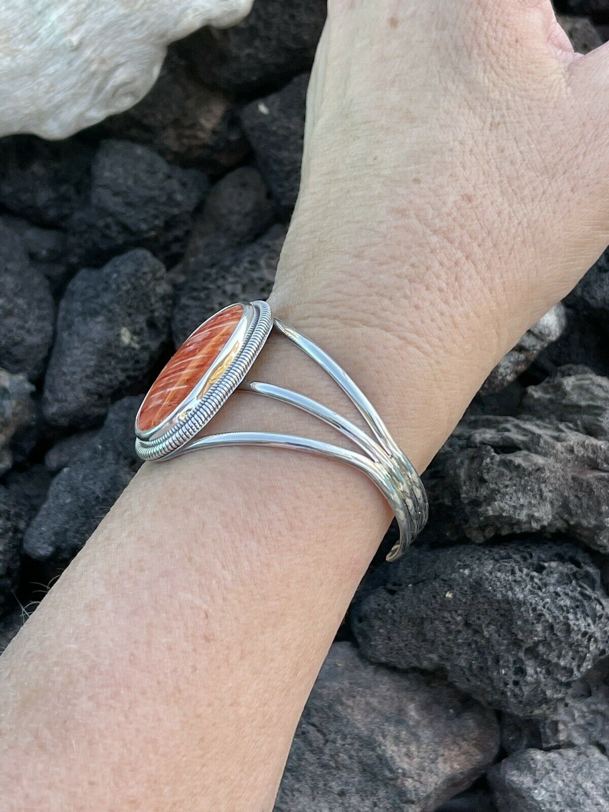 Handcrafted Orange Spiny Sterling Silver Cuff Bracelet Stamped Wydell Billie /