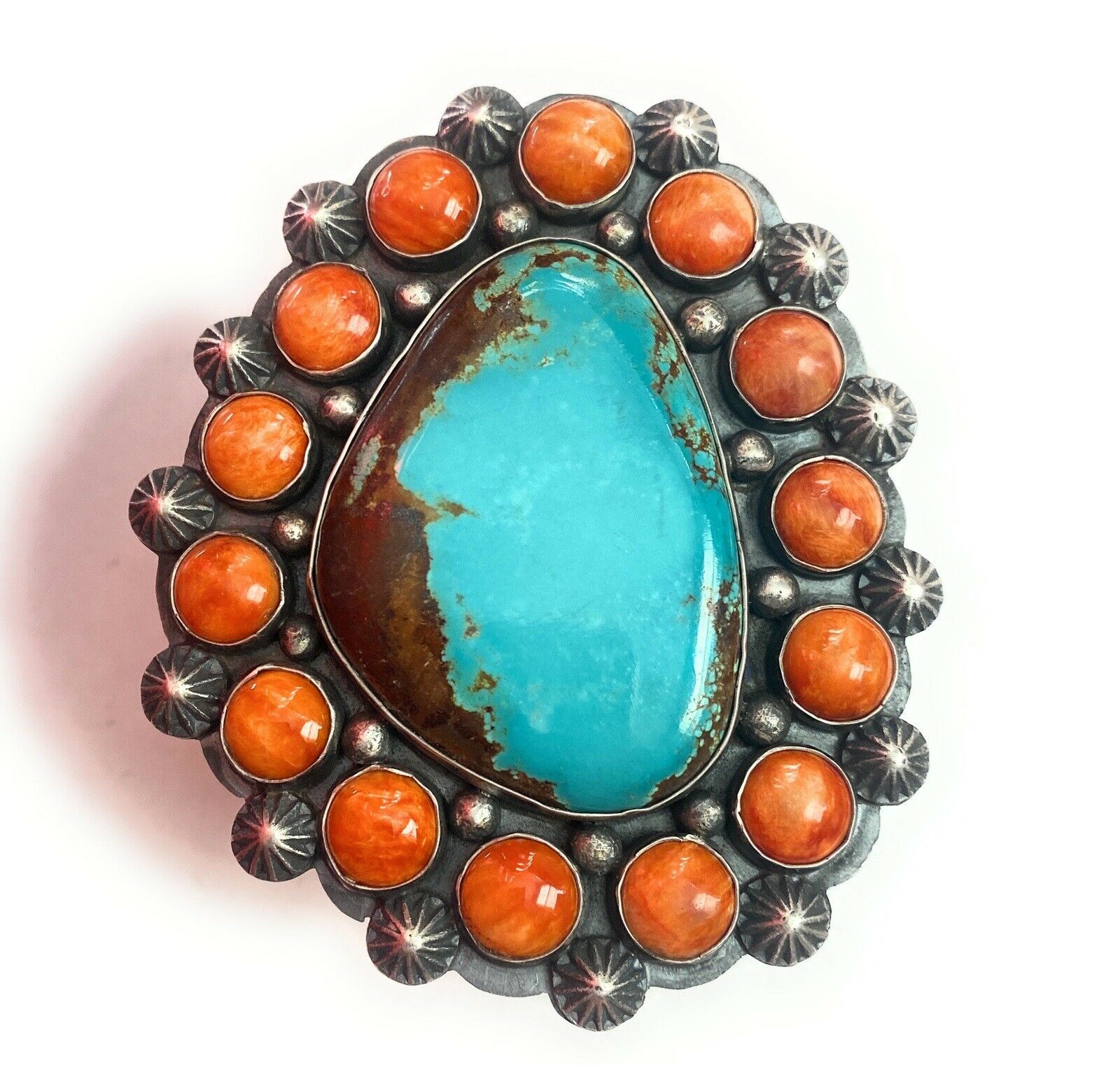 Handcrafted Orange Spiny, Turquoise & Sterling Silver Cuff Bracelet Signed /