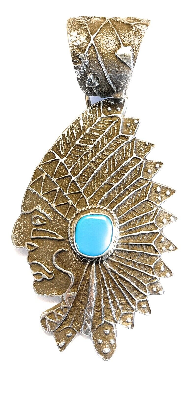 Handcrafted Sterling Silver & Kingman Turquoise Indian Chief Sand Cast Pendant Sign