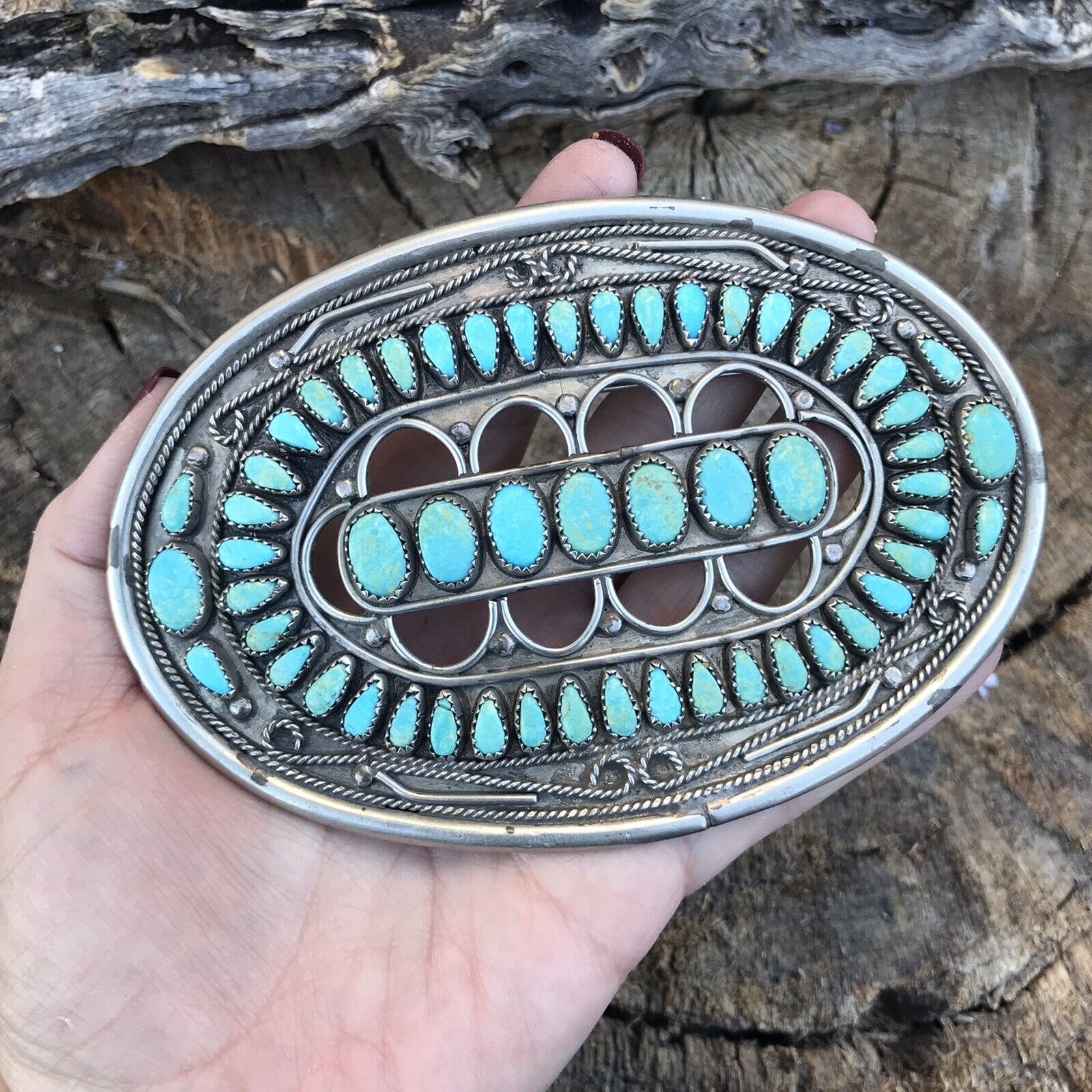 Handcrafted Vintage Jumbo Sterling Silver & Royston Turquoise Pin / Pendant