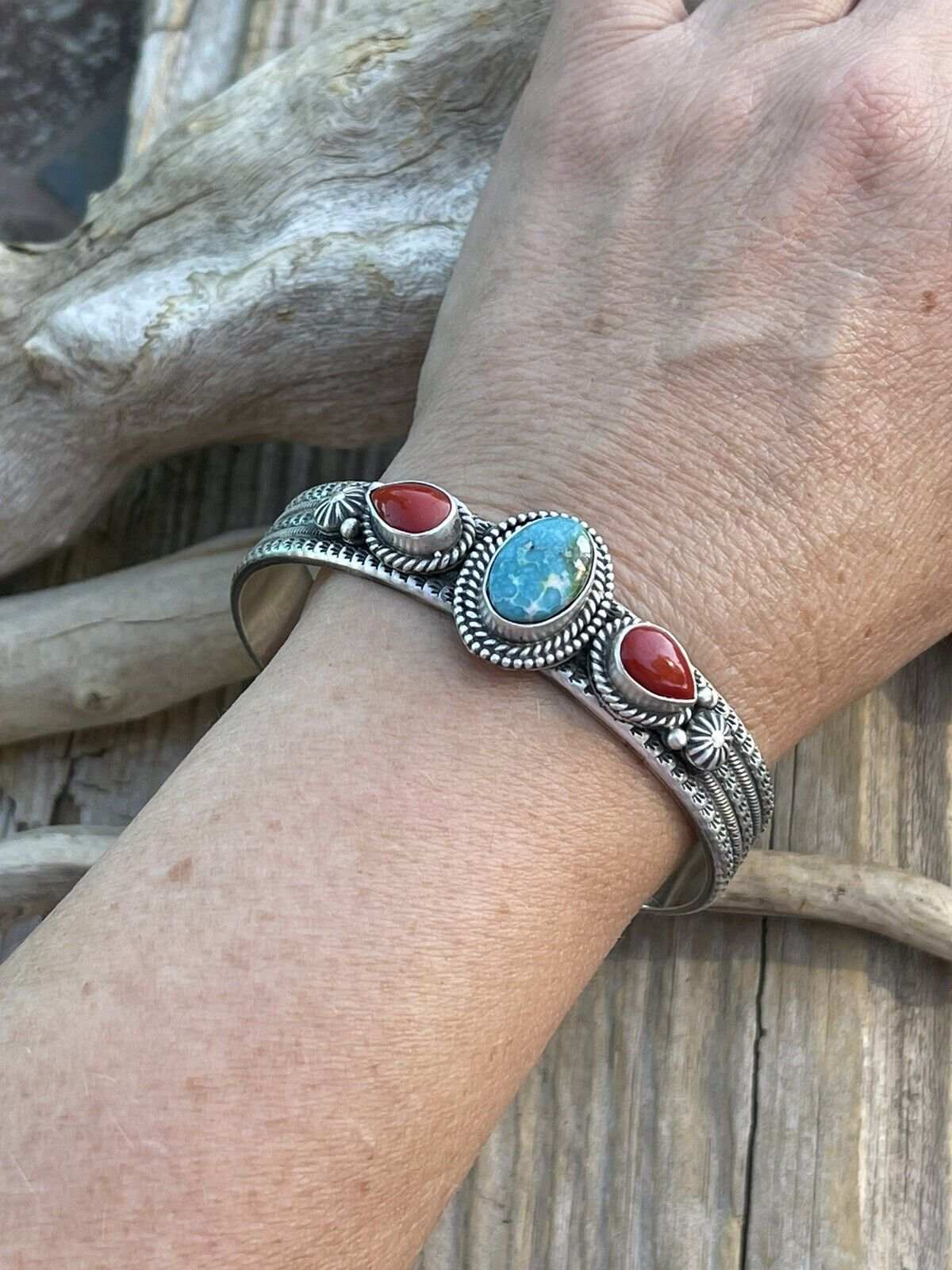 Navajo Sterling Silver Red Coral & Turquoise Bracelet Signed M & R Calladitto /