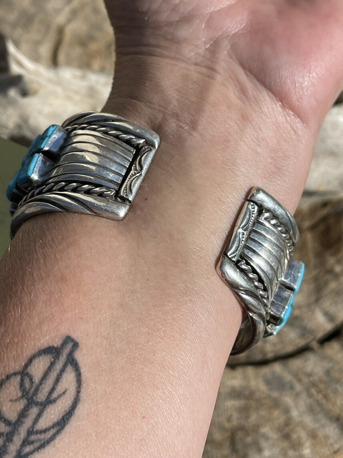 Vintage Navajo Sterling Silver & Kingman Turquoise Non Working Watch Bracelet