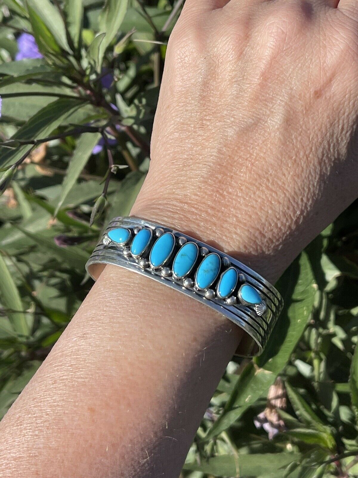 Handcrafted Sterling & Kingman Turquoise Stacker Cuff Bracelet Artist R. Bennett /