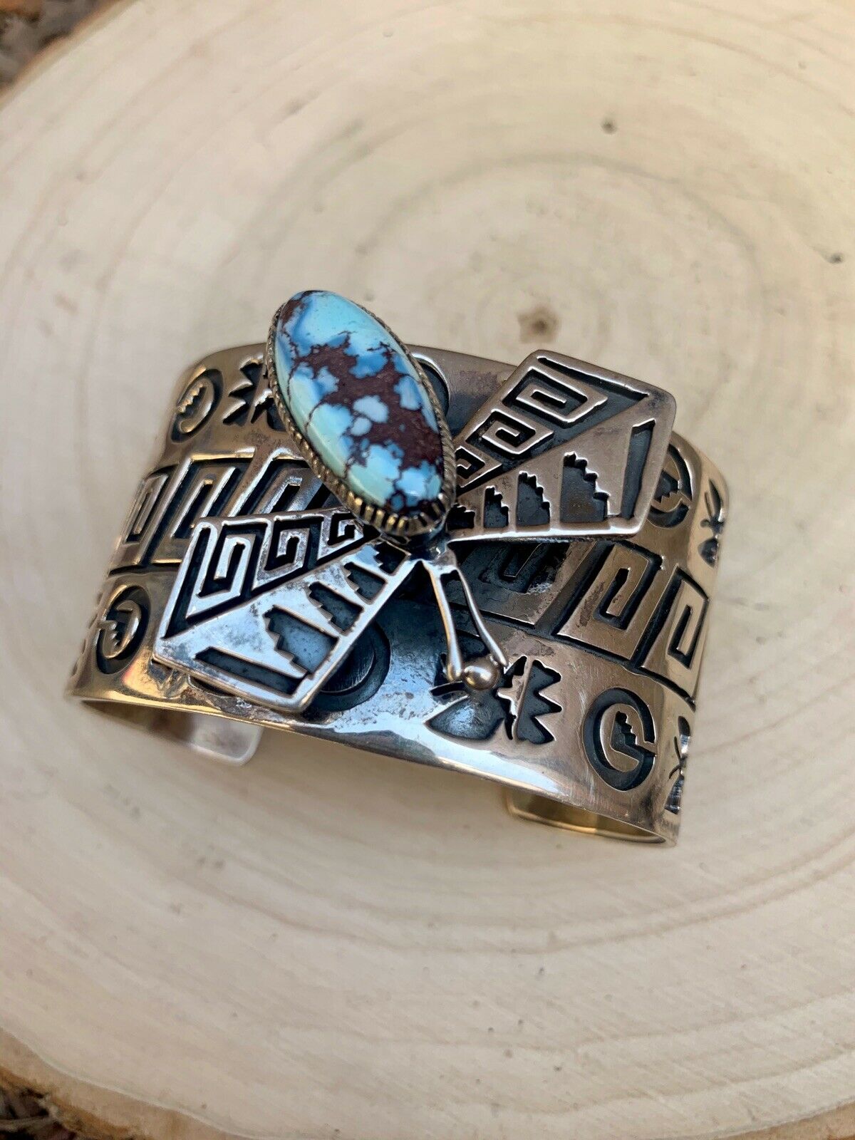 Handcrafted Sterling Silver & Golden Hills Turquoise Dragonfly Cuff Bracelet, Signed RB