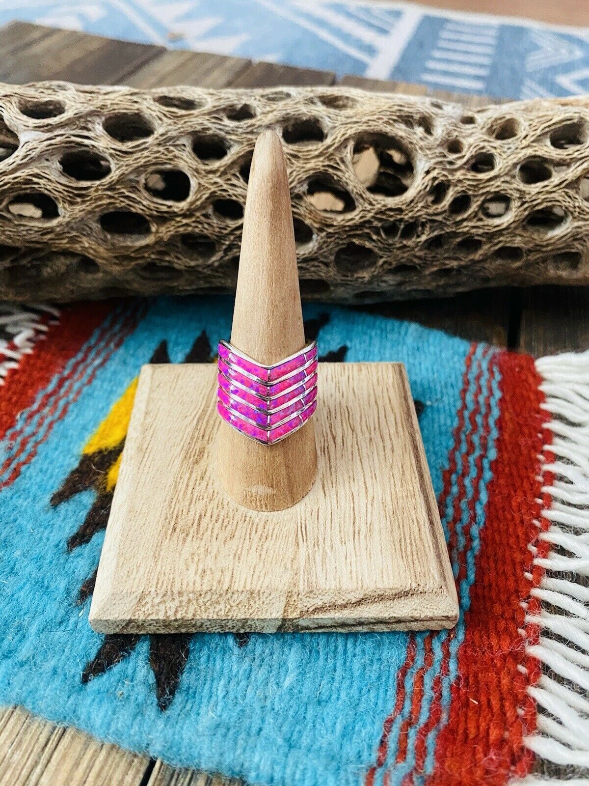 Handcrafted Sterling Silver & Pink Opal Inlay 5 Row Stacker Ring