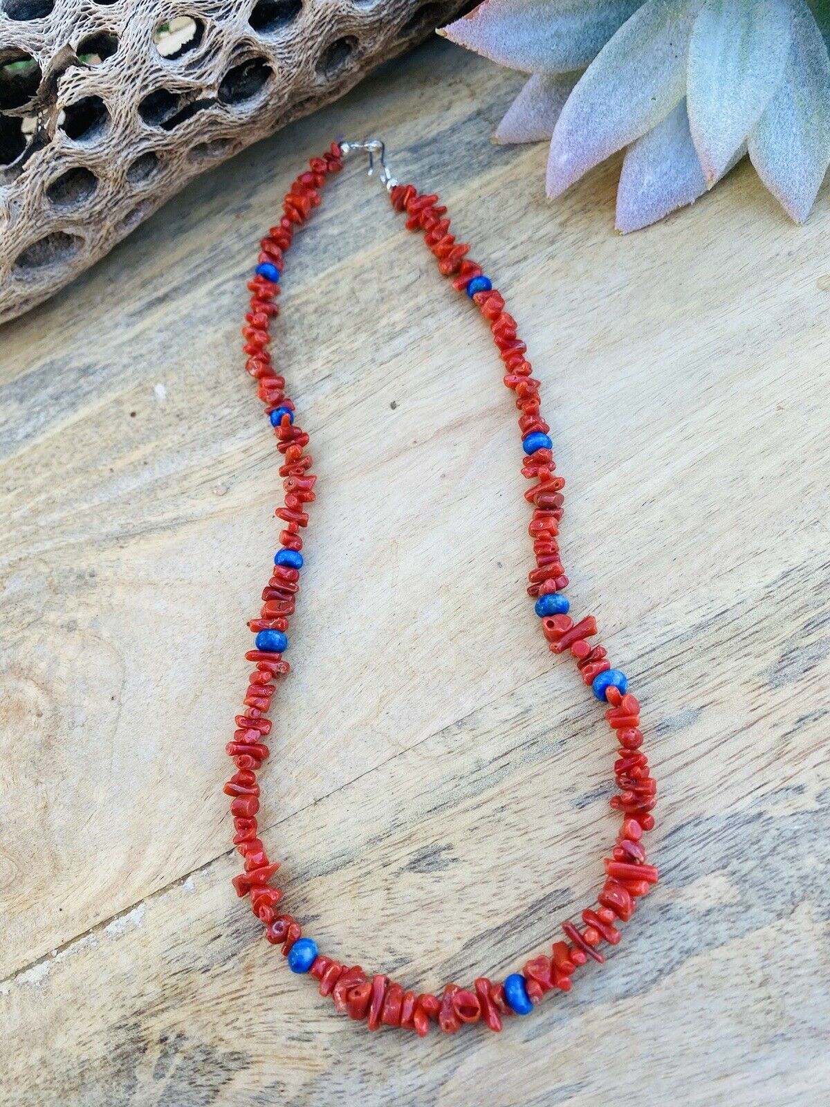 Handcrafted Apple Coral & Lapis Beaded Necklace 16"