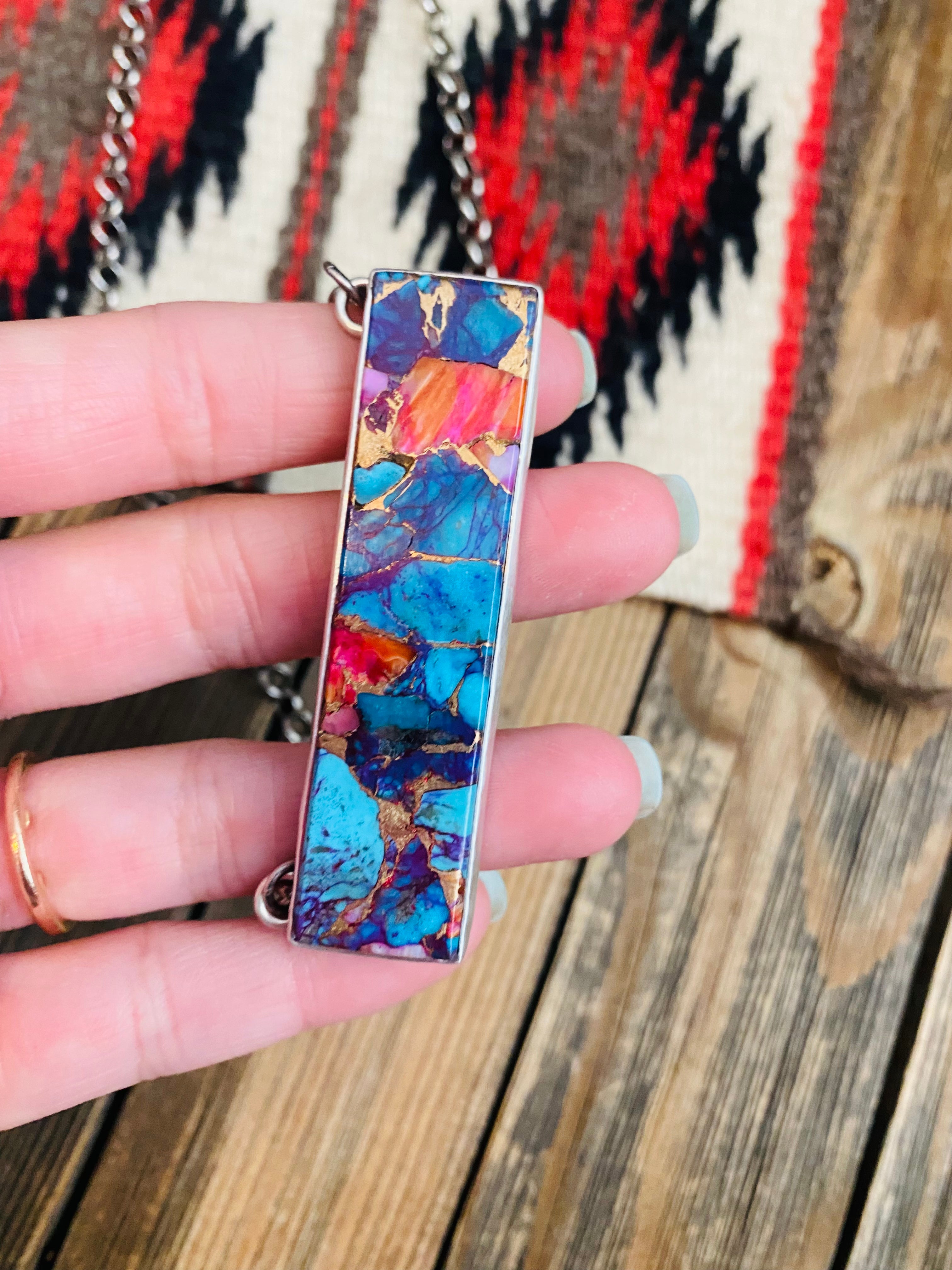 Handcrafted Sterling Silver & Pink Dream Mohave Bar Necklace Signed