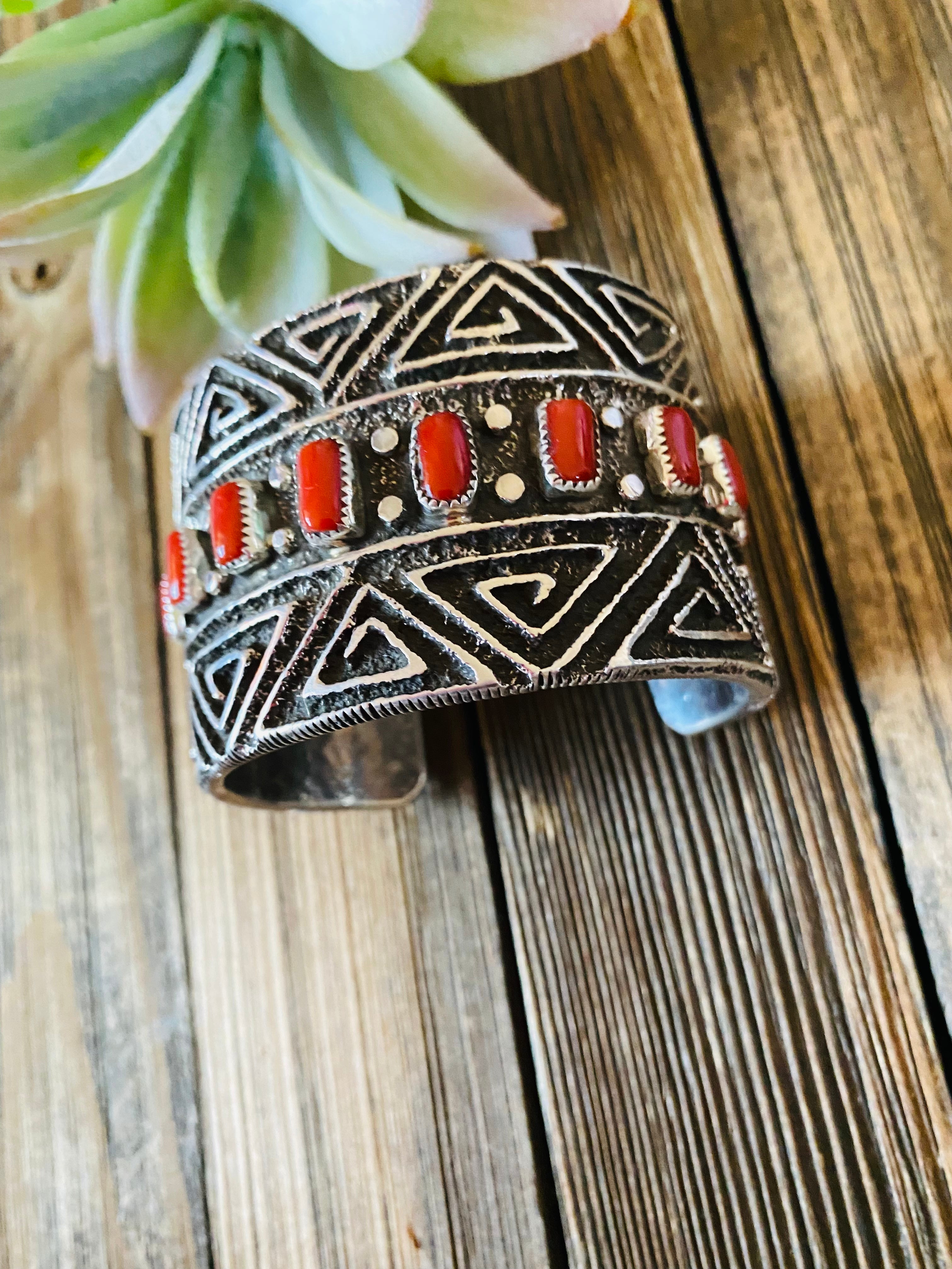 Navajo Coral & Sterling Silver Cuff Bracelet By Steve Arviso /