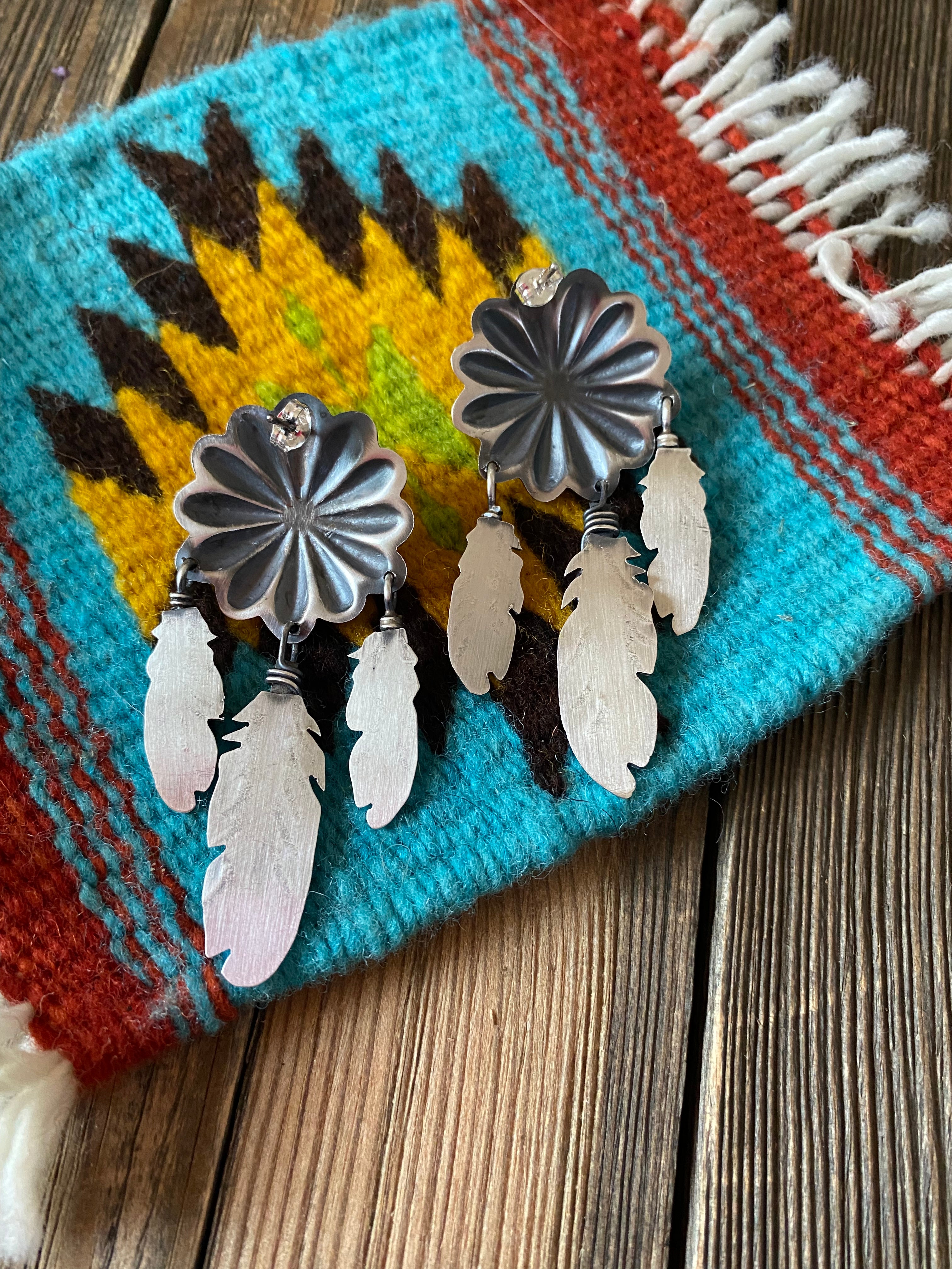 Handcrafted Sterling Silver & Turquoise Concho Feather Dangle Earrings