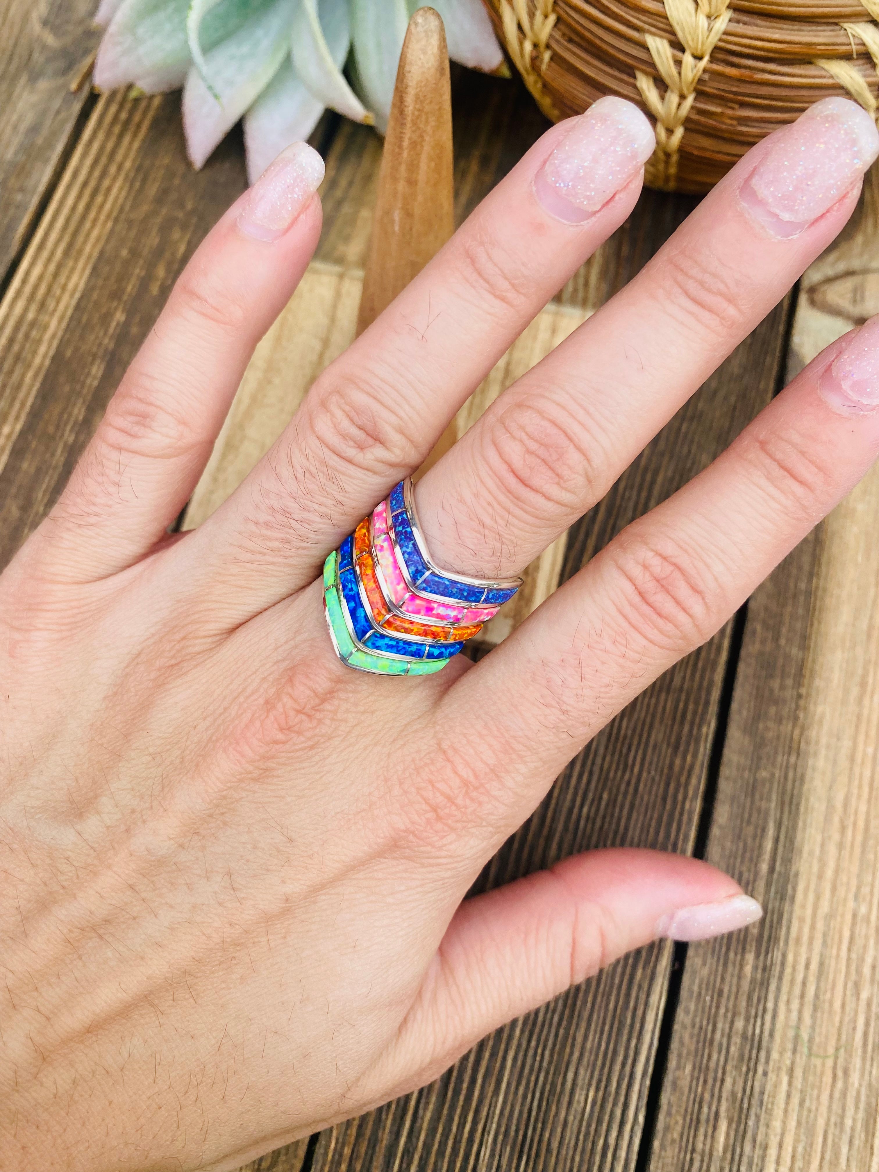 Handcrafted Sterling Silver & Multicolor Opal Inlayed Stacker Ring Size 7