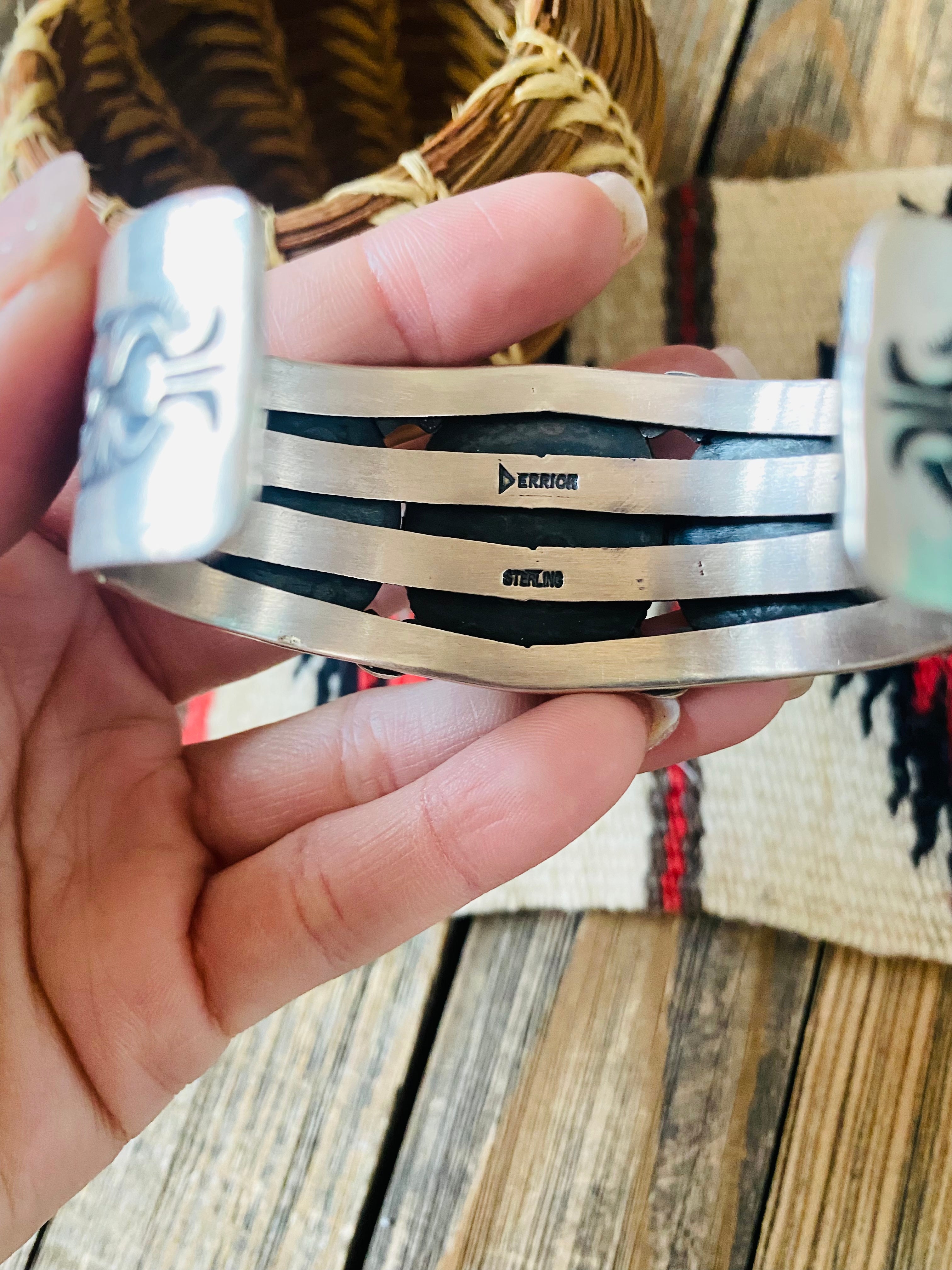 Navajo Kingman Web Turquoise & Sterling Silver Cuff Bracelet By Derrick Gordon /