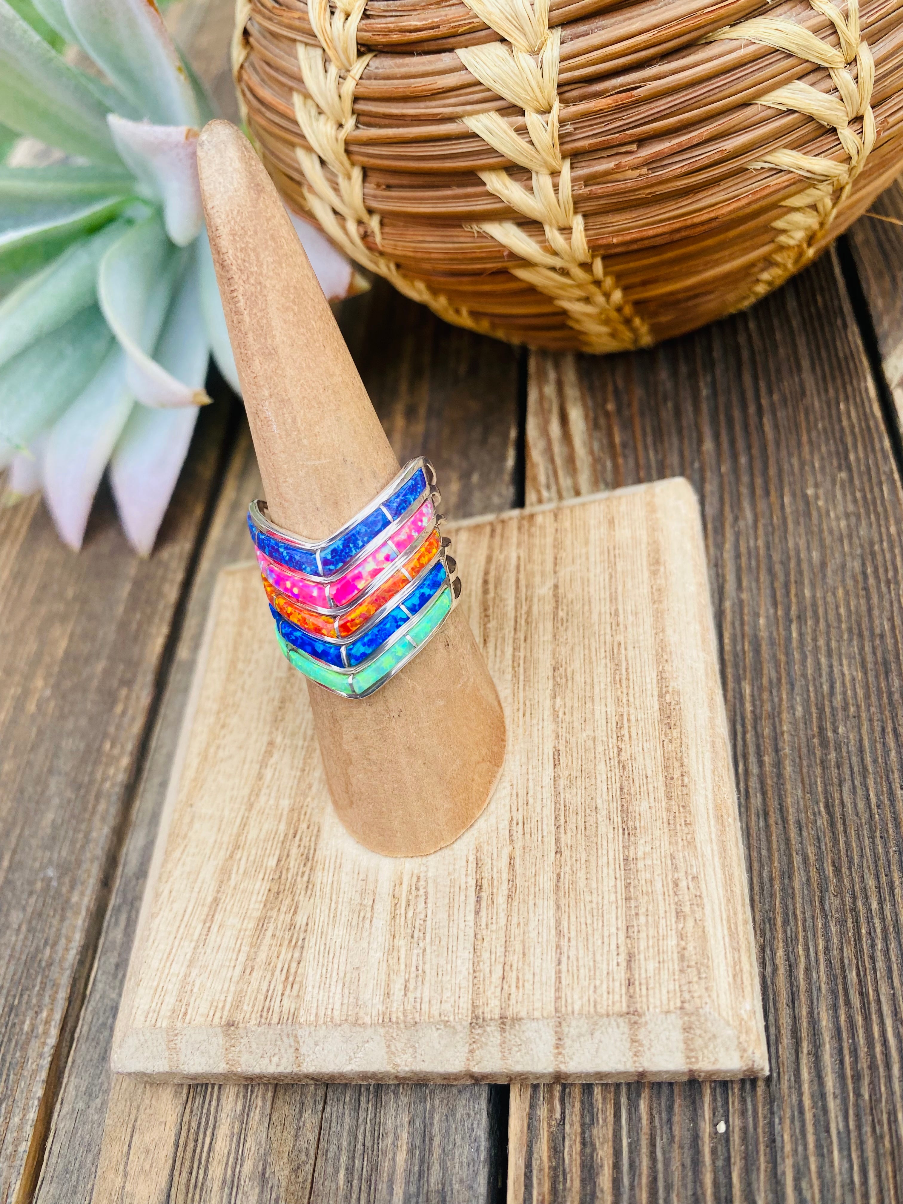 Handcrafted Sterling Silver & Multicolor Opal Inlayed Stacker Ring Size 7
