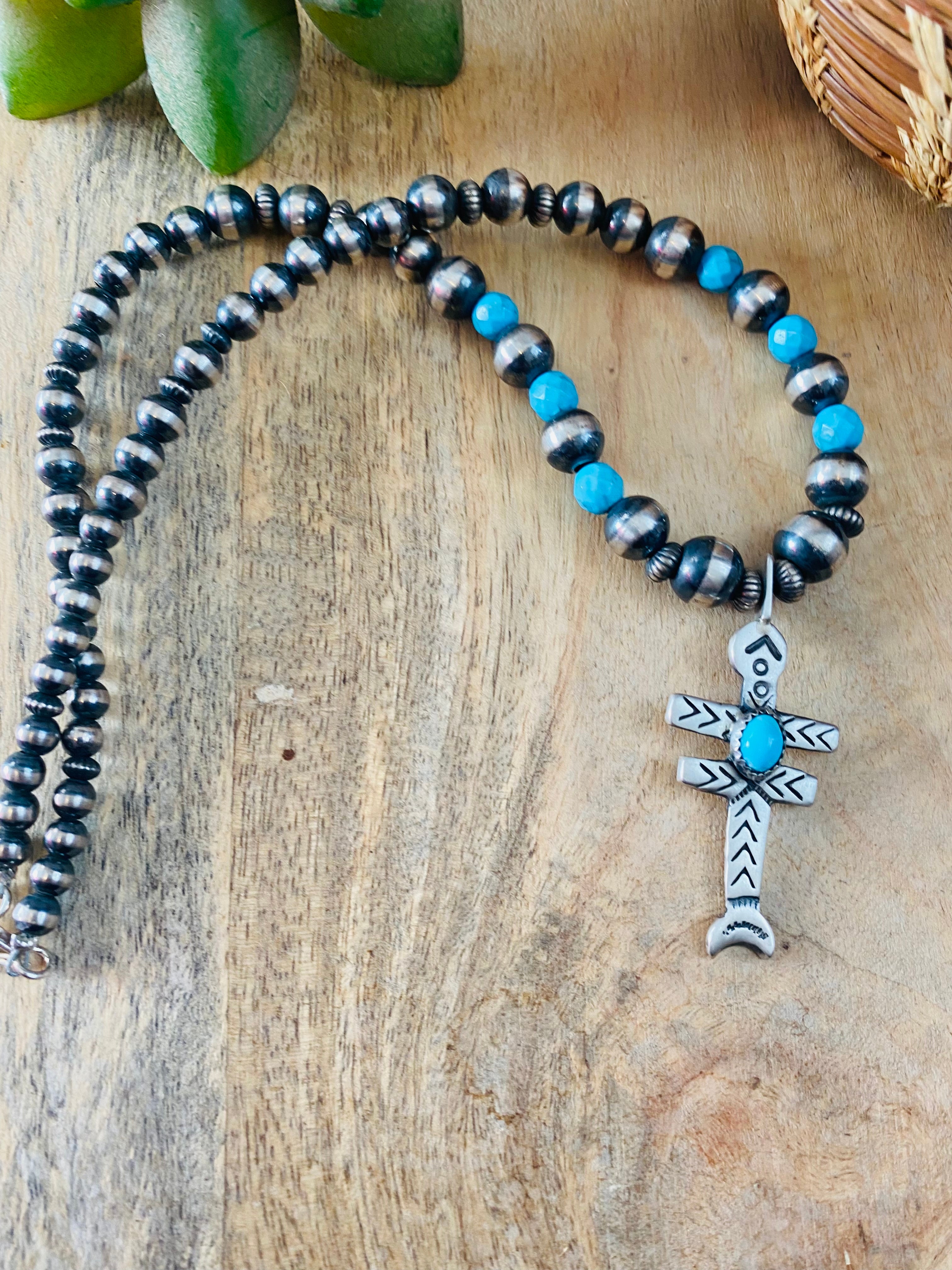 Handcrafted Sterling Silver Pearl & Turquoise Beaded Cross Necklace