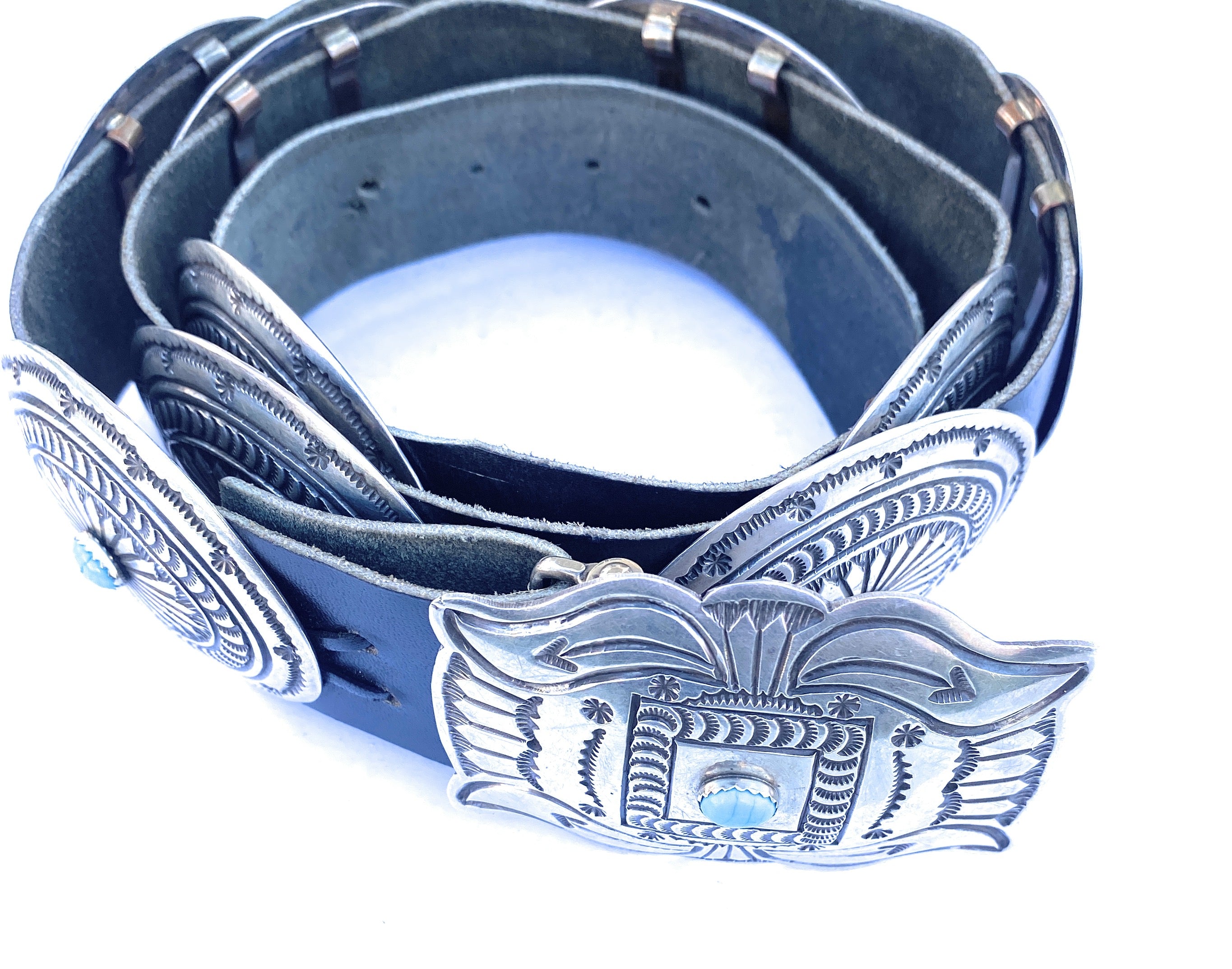 Handcrafted Vintage Black Leather And Sterling Silver Turquoise Concho Belt