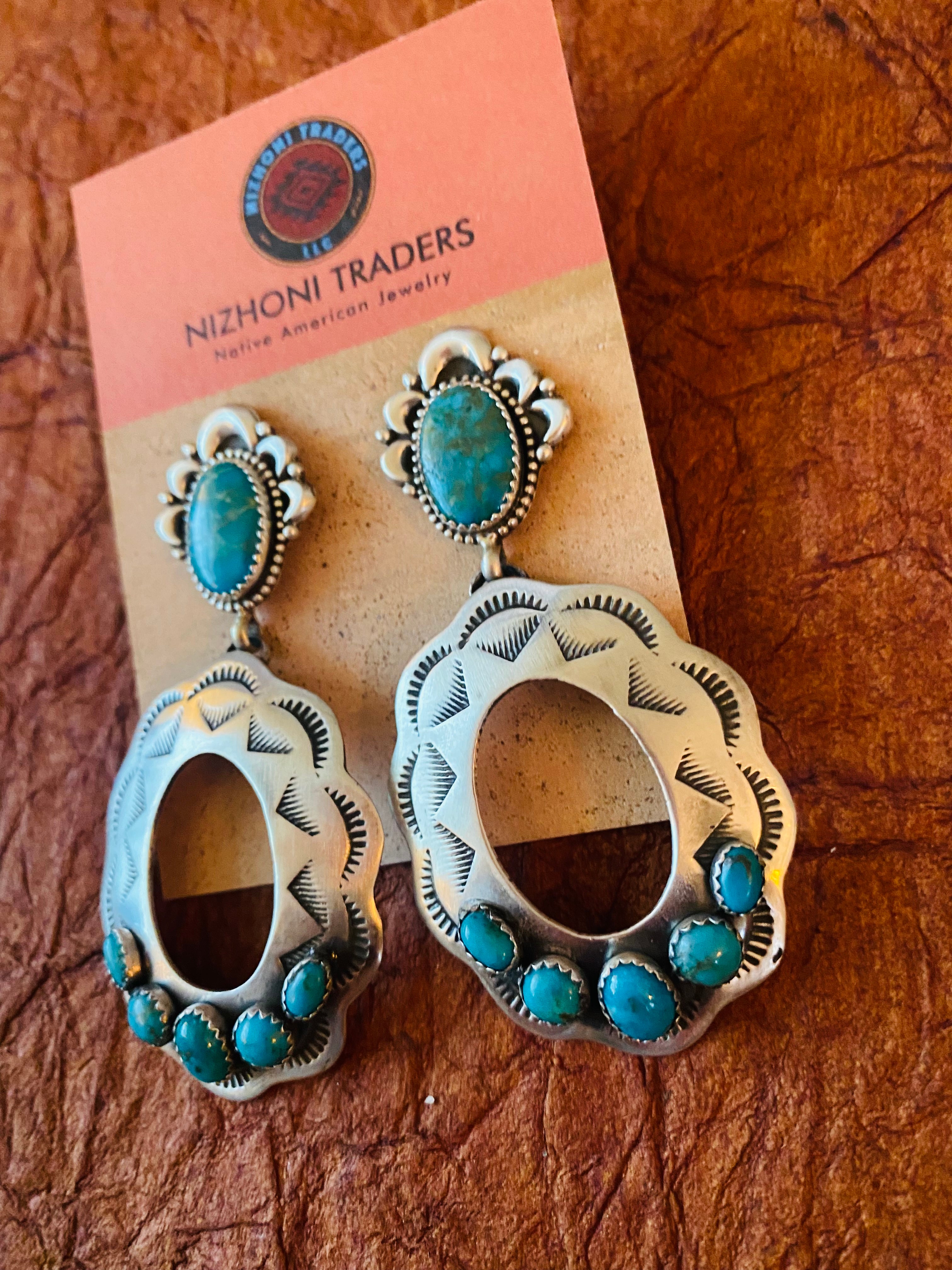 Handcrafted Sterling Silver & Turquoise Concho Dangle Earrings