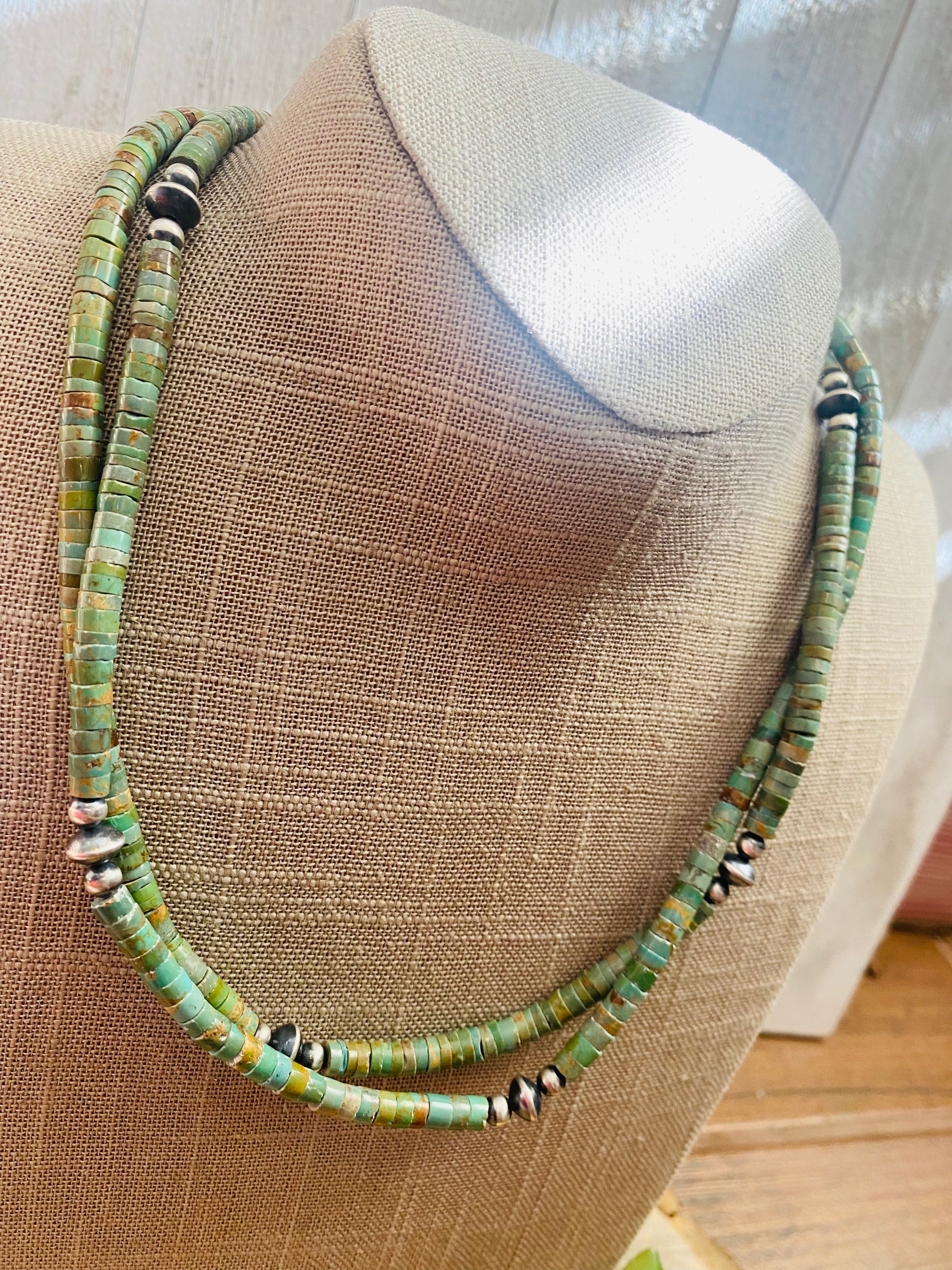 Handcrafted Turquoise & Sterling Silver Pearl Beaded Necklace 40 inch