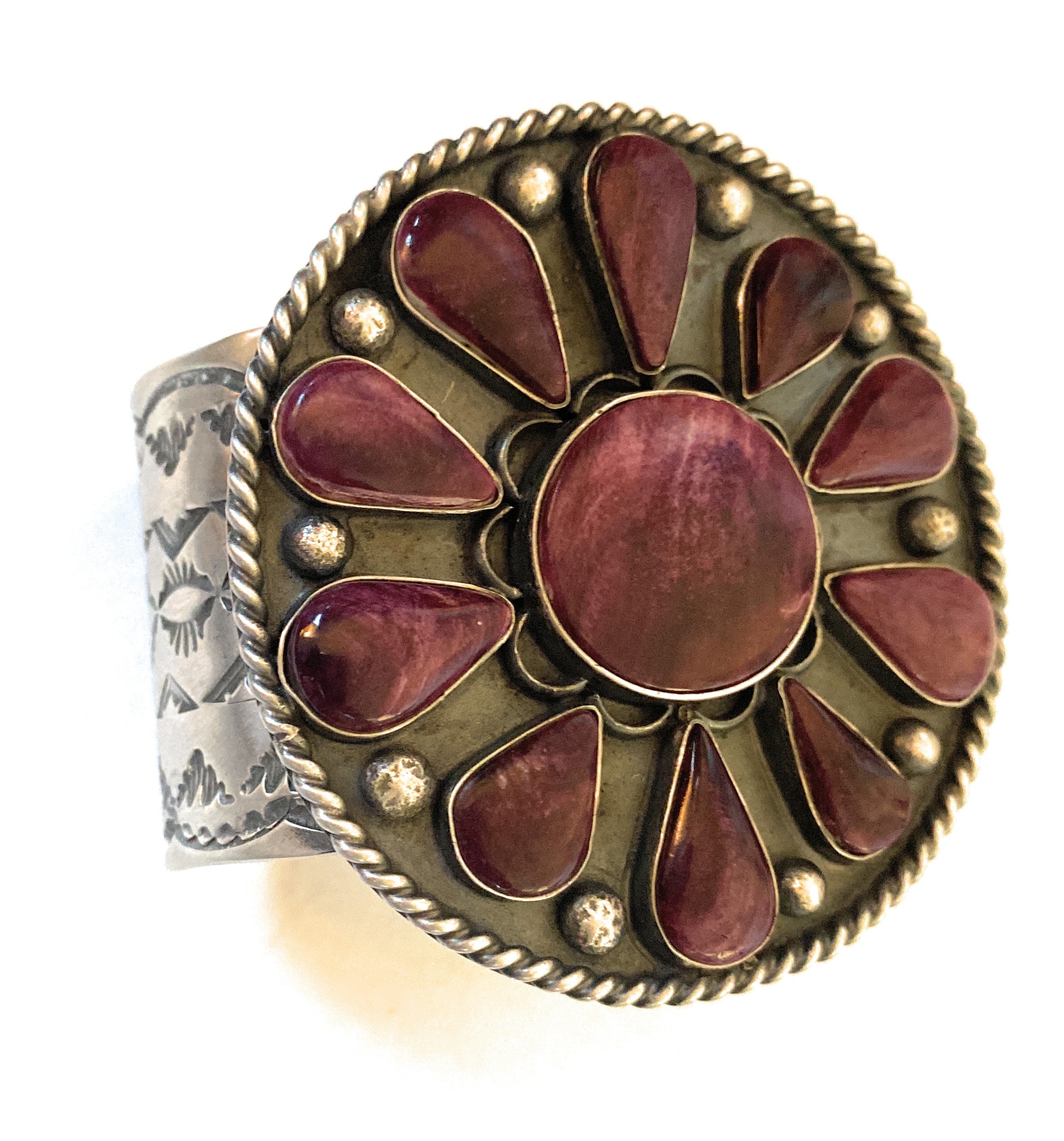 Handcrafted Sterling Silver & Purple Spiny Cuff Bracelet Signed