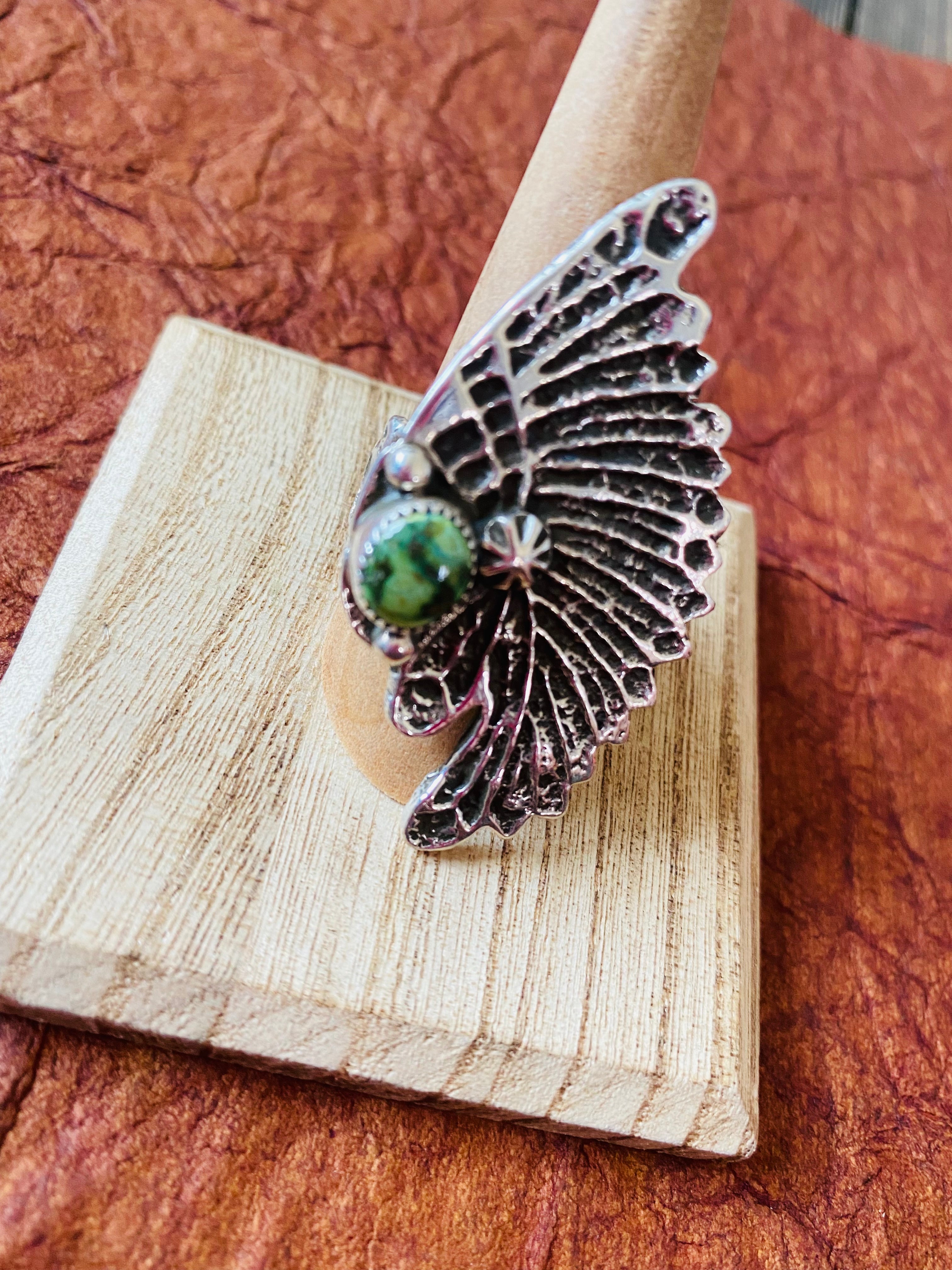 Navajo Sonoran Gold Turquoise & Sterling Silver Indian Chief Ring Size 9