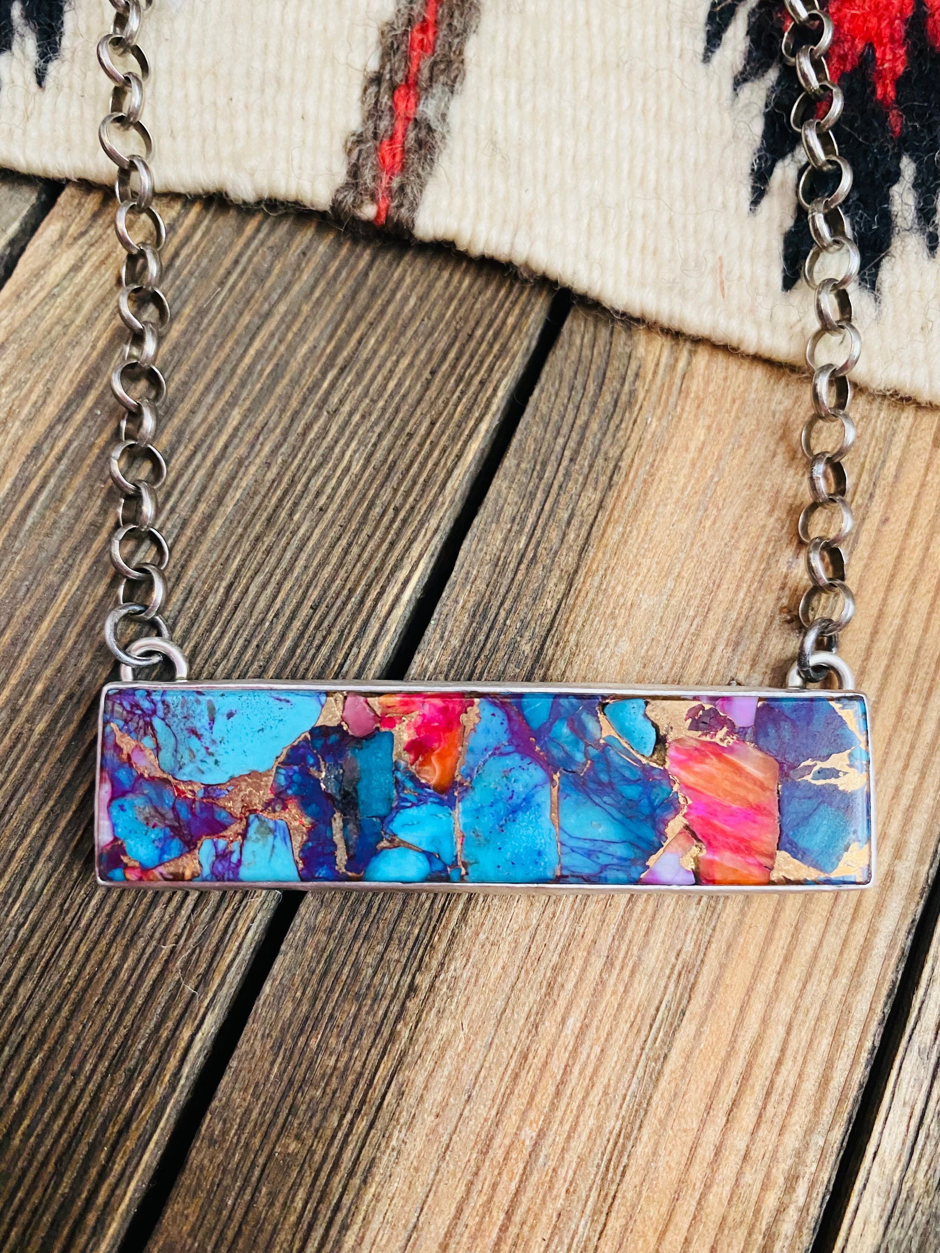 Handcrafted Sterling Silver & Pink Dream Mohave Bar Necklace Signed