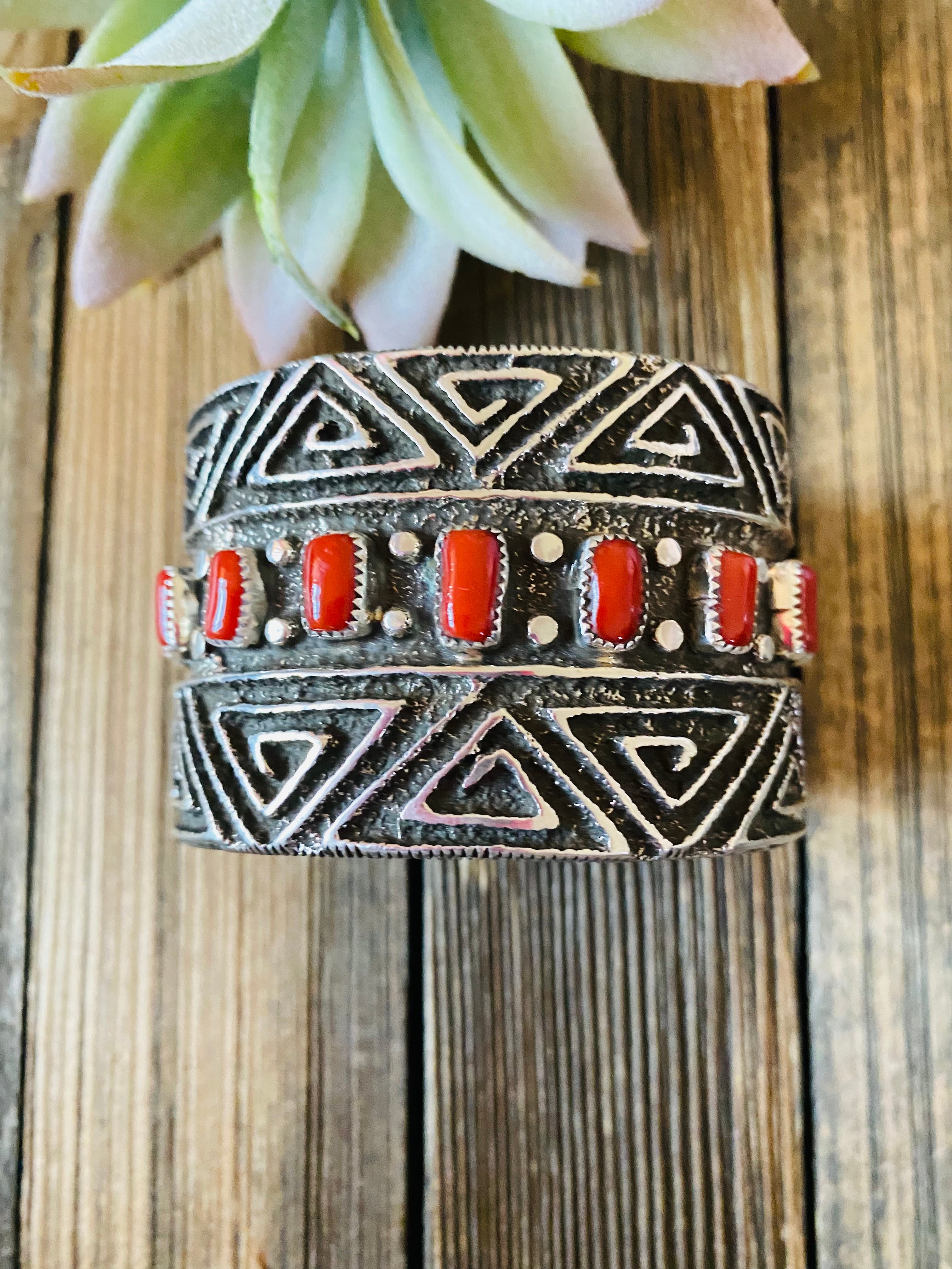Navajo Coral & Sterling Silver Cuff Bracelet By Steve Arviso /
