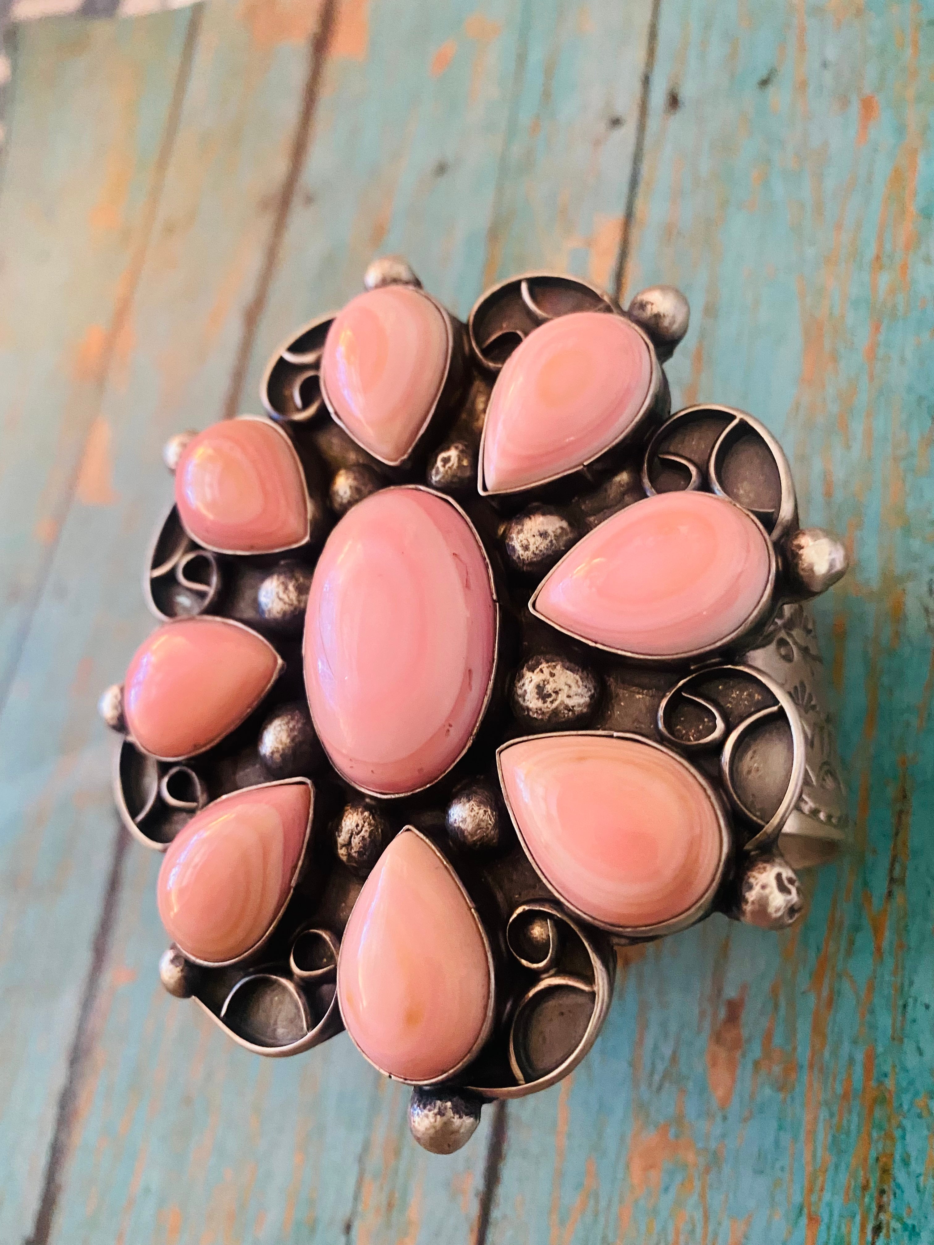 Handcrafted Queen Pink Conch Shell & Sterling Silver Cluster Cuff Bracelet Signed /