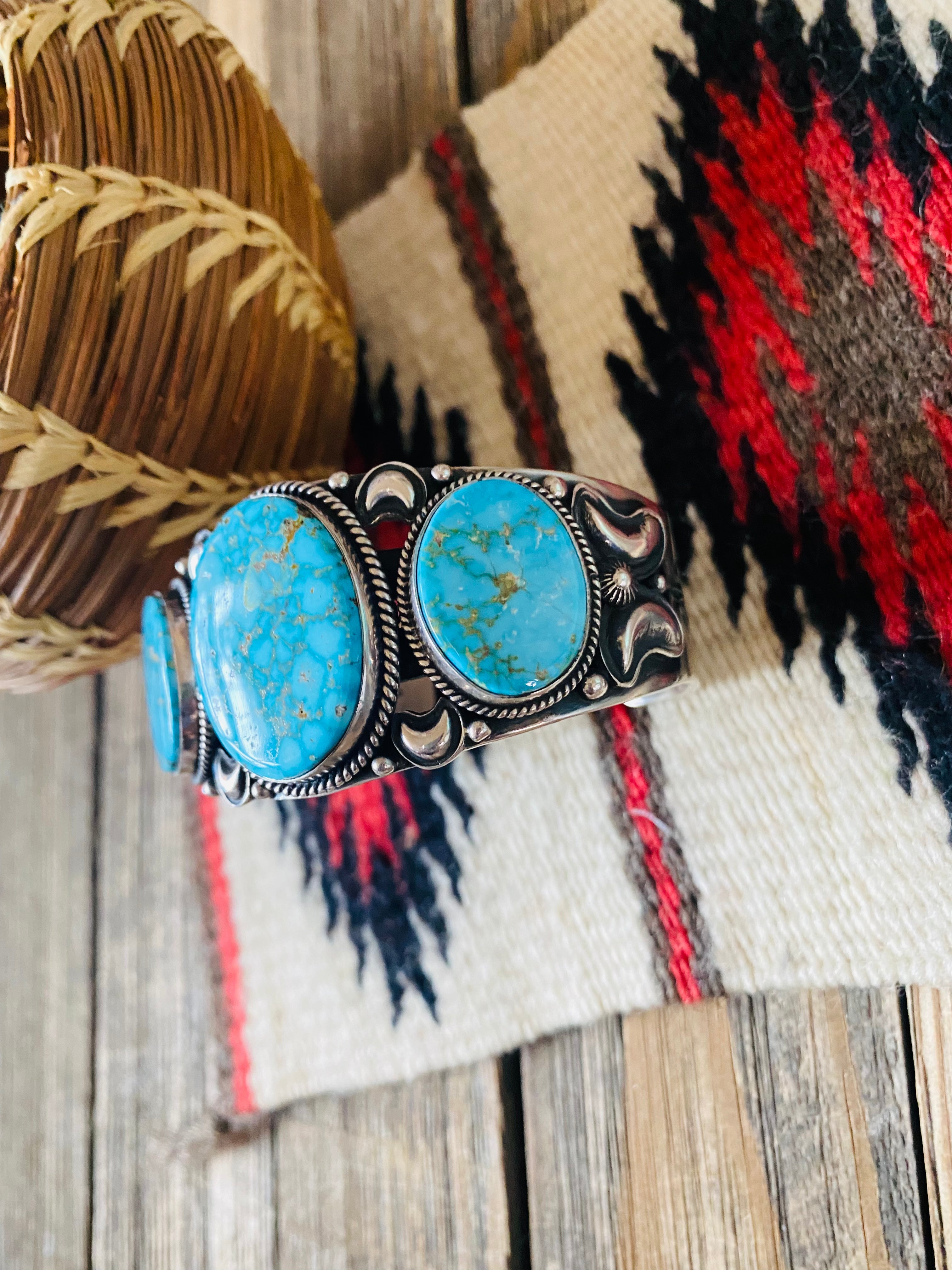 Navajo Kingman Web Turquoise & Sterling Silver Cuff Bracelet By Derrick Gordon /