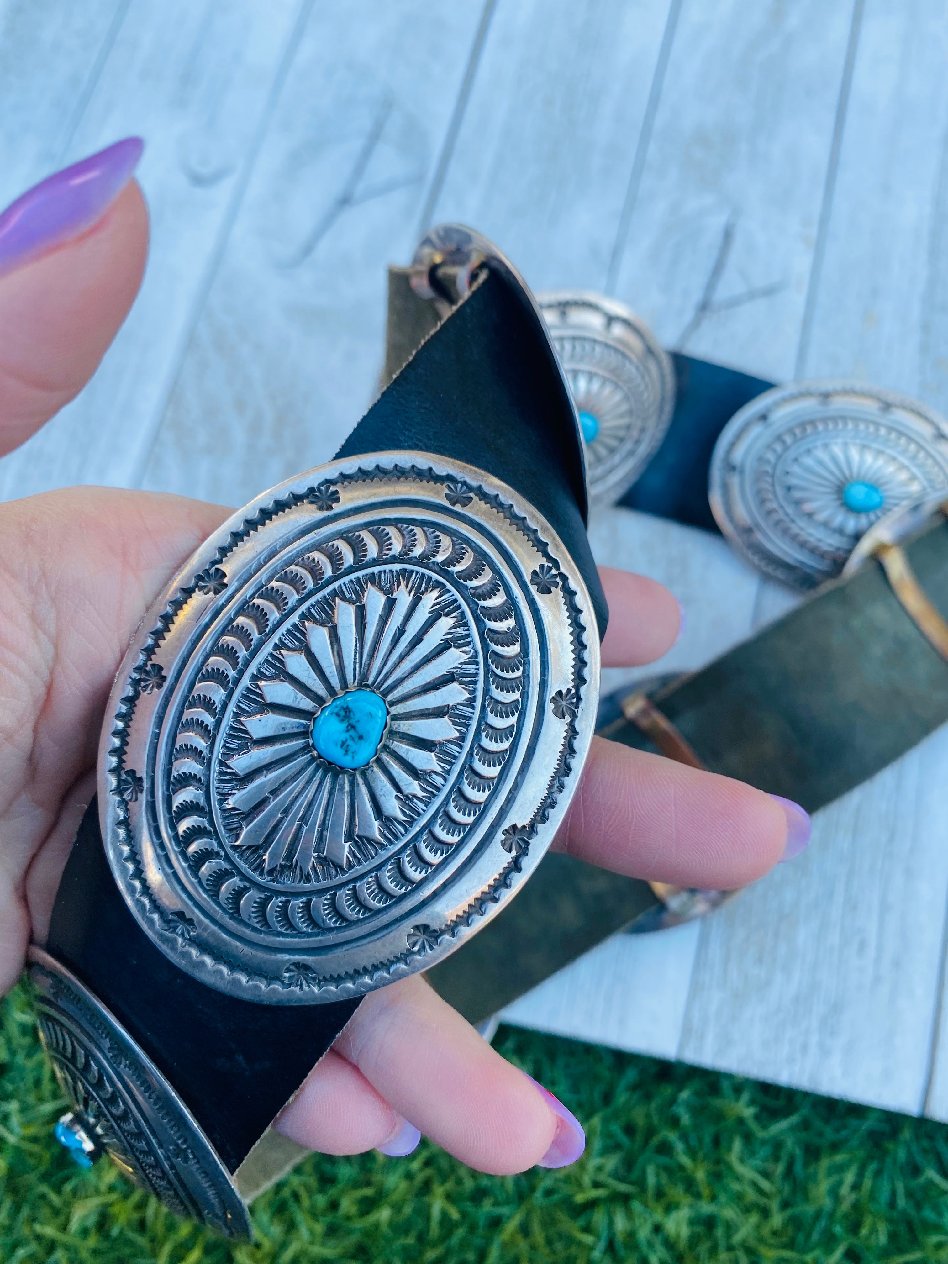 Handcrafted Vintage Black Leather And Sterling Silver Turquoise Concho Belt