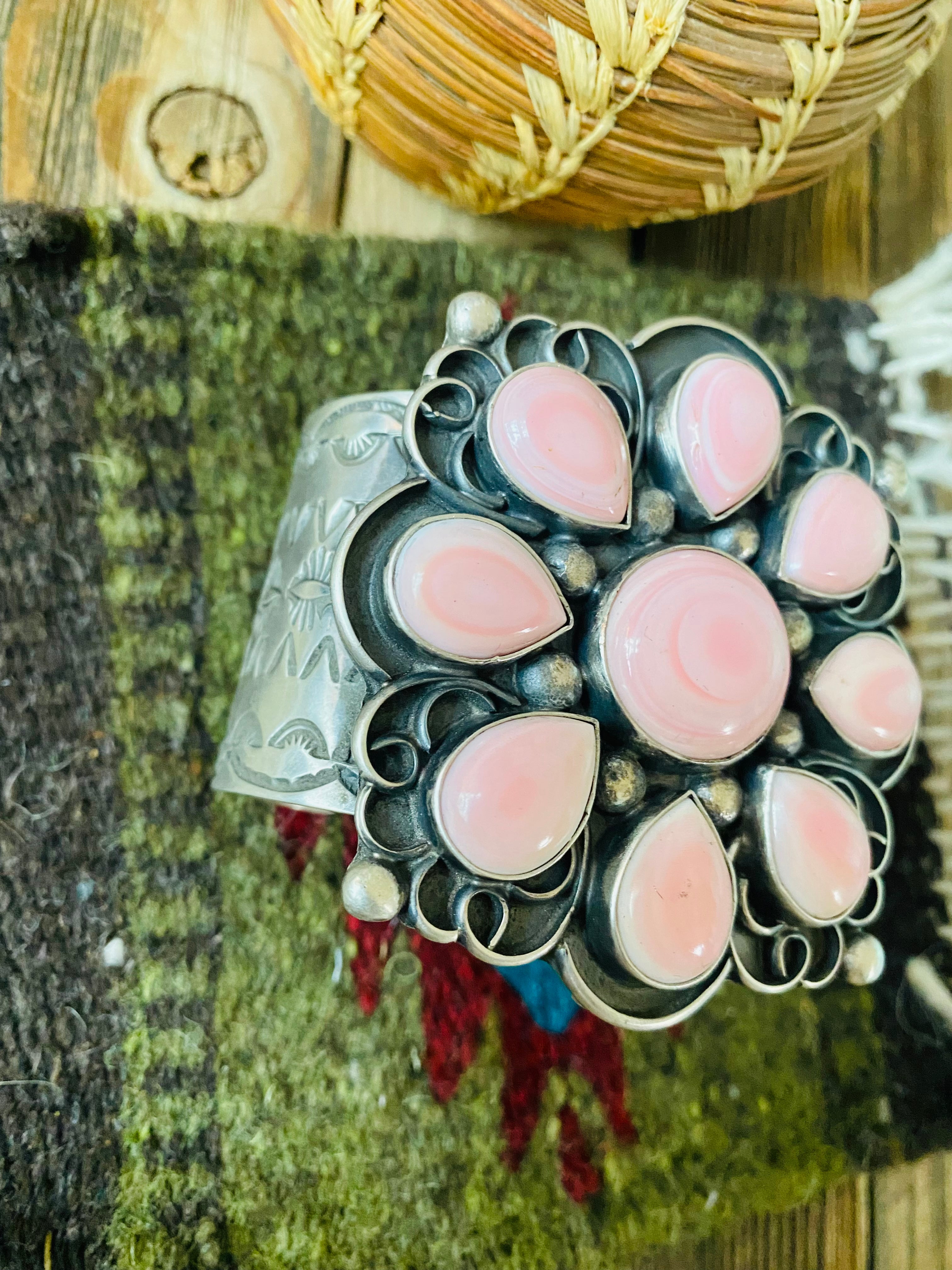 Handcrafted Queen Pink Conch Shell & Sterling Silver Cluster Cuff Bracelet Signed /