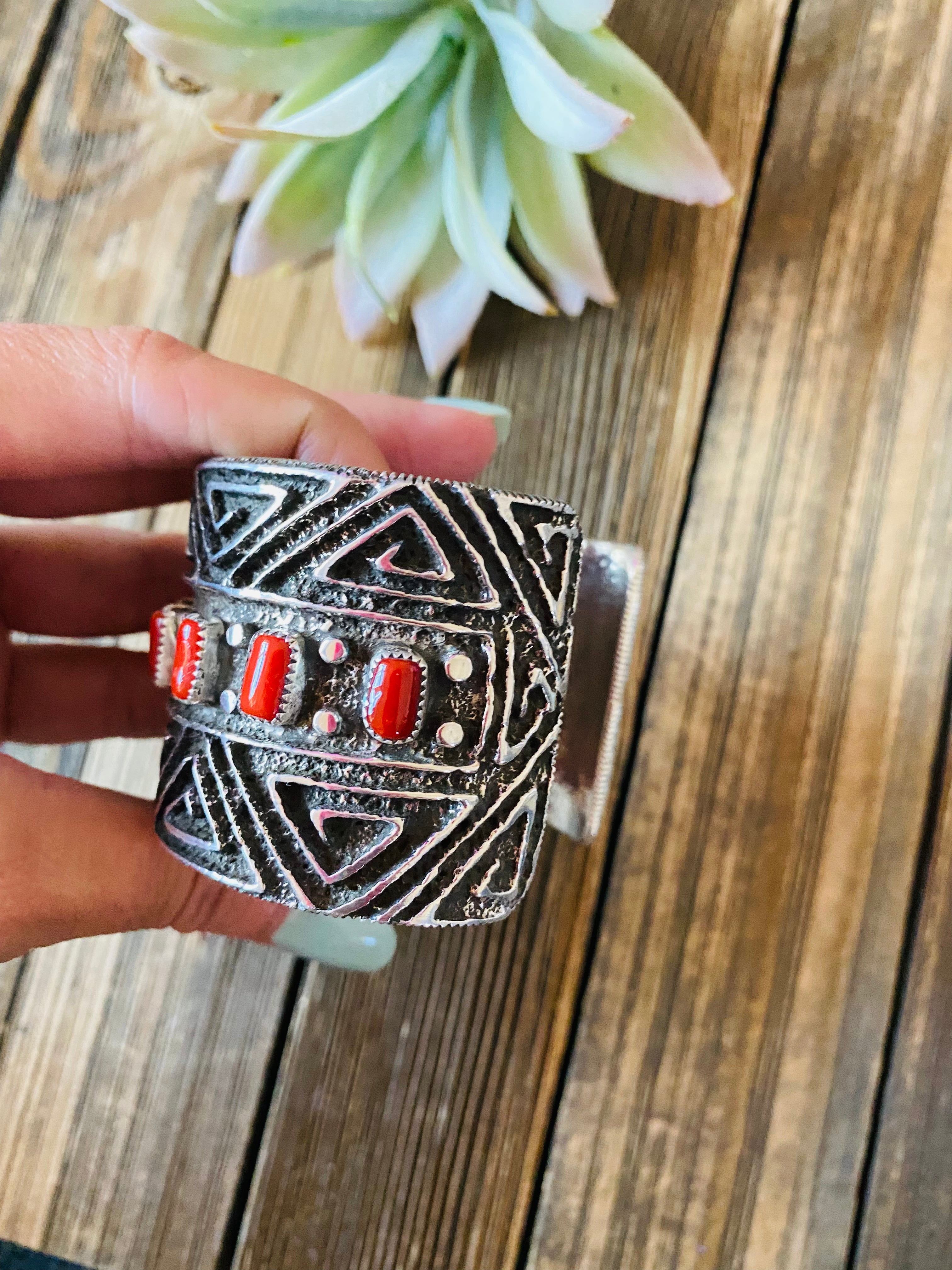 Navajo Coral & Sterling Silver Cuff Bracelet By Steve Arviso /
