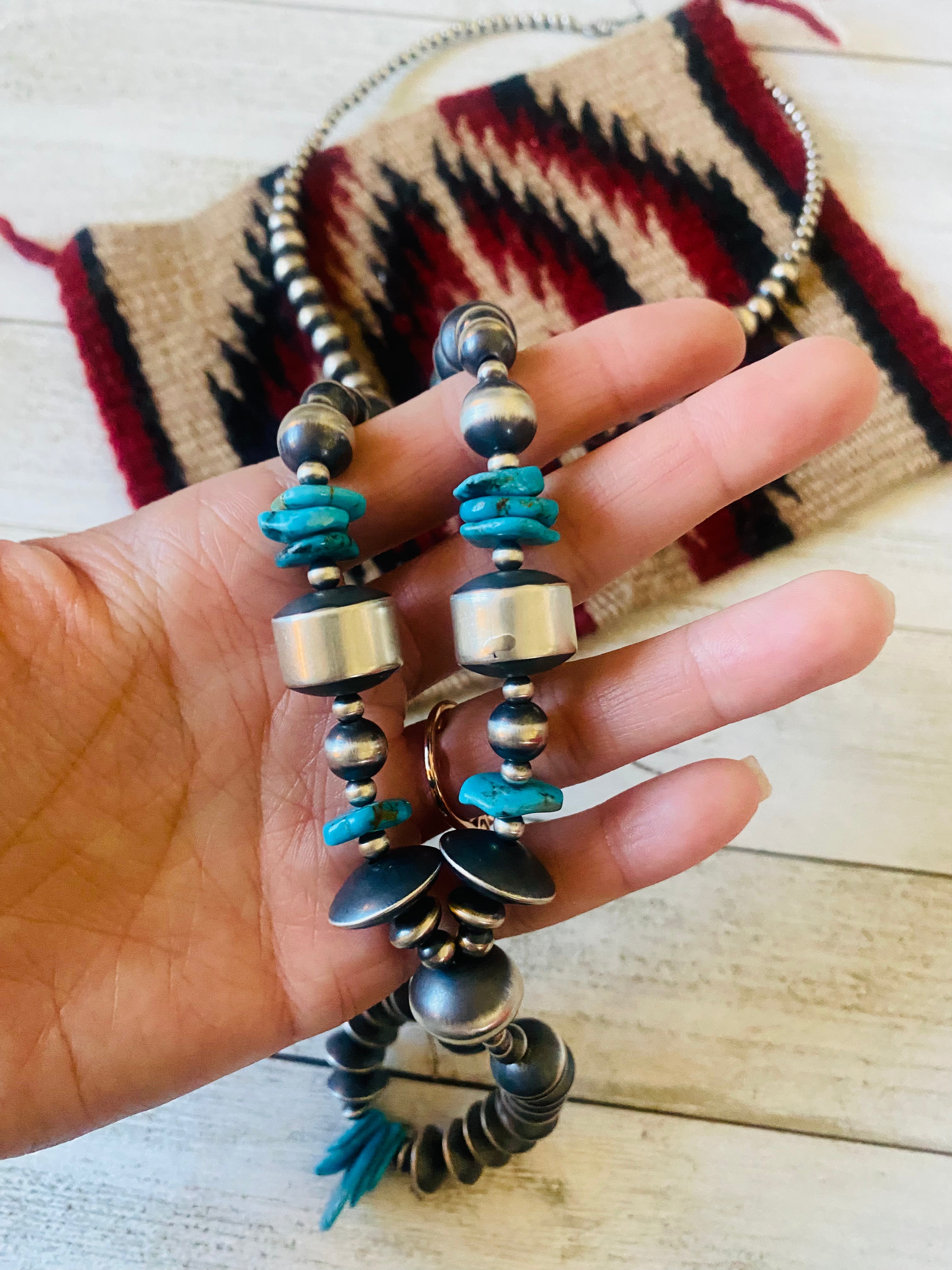 Handcrafted Turquoise & Sterling Silver Pearl Beaded Jacla Necklace