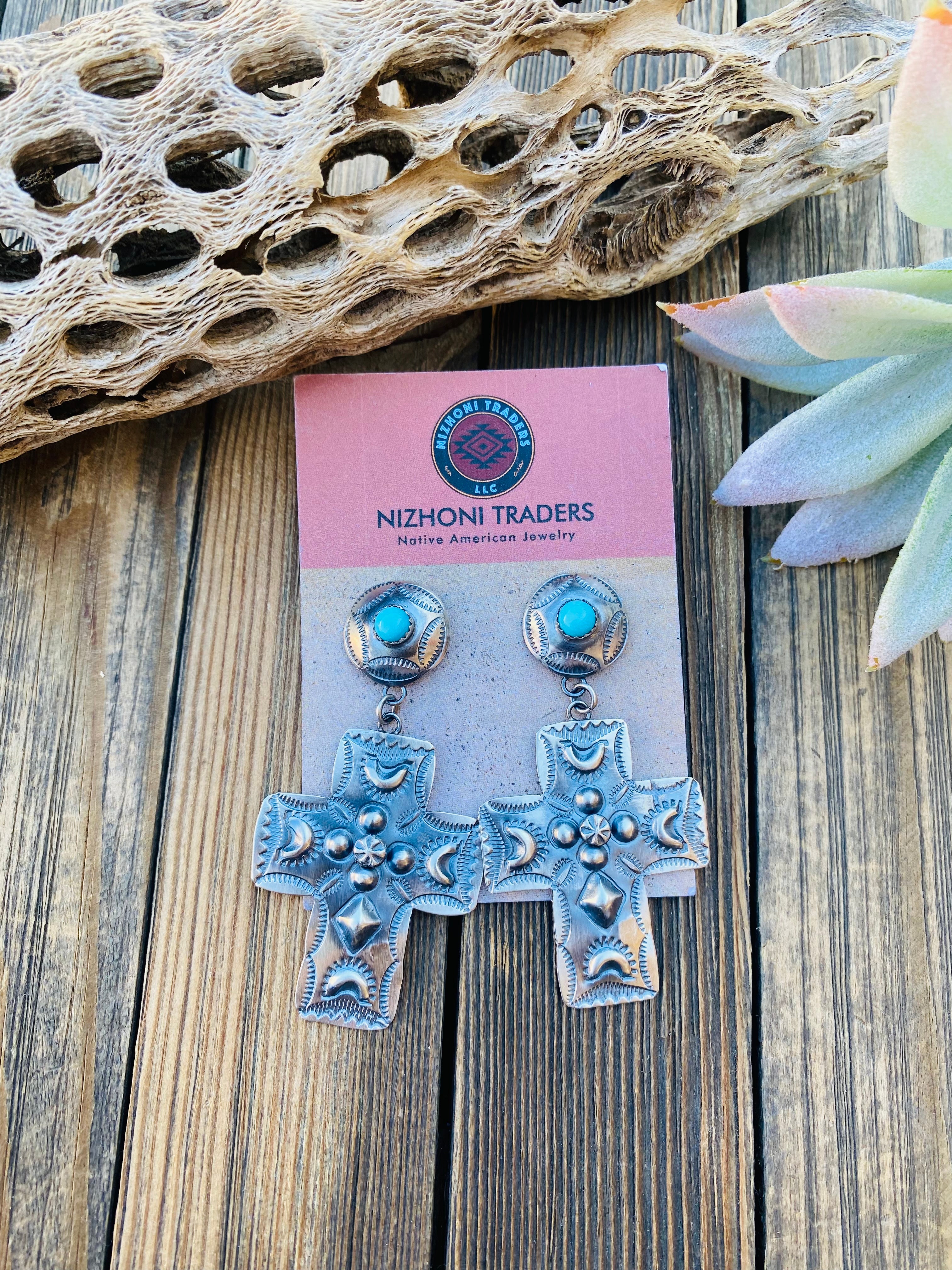 Handcrafted Hand Stamped Sterling Silver Cross Dangle Earrings By Tim Yazzie