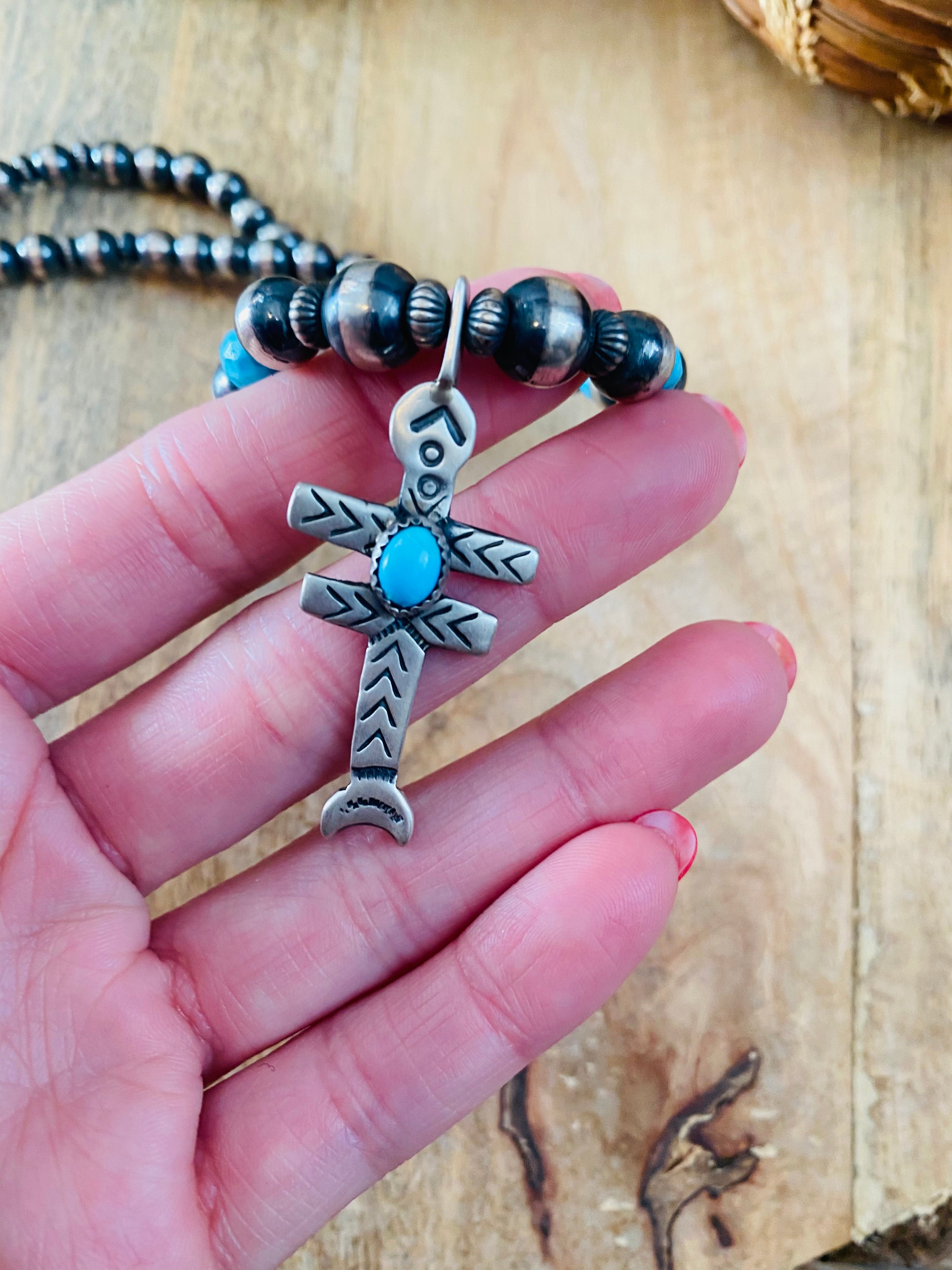 Handcrafted Sterling Silver Pearl & Turquoise Beaded Cross Necklace