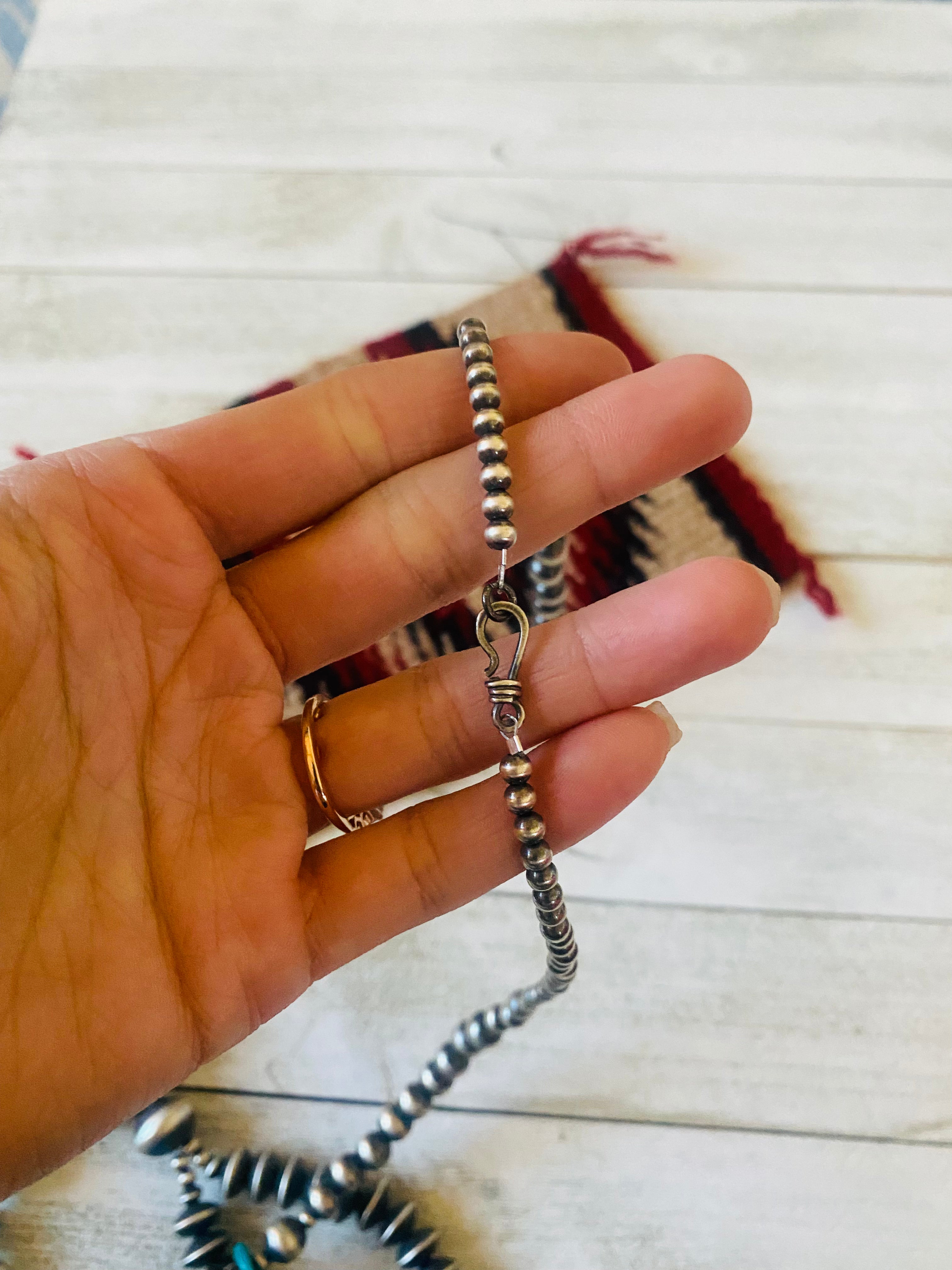 Handcrafted Turquoise & Sterling Silver Pearl Beaded Jacla Necklace