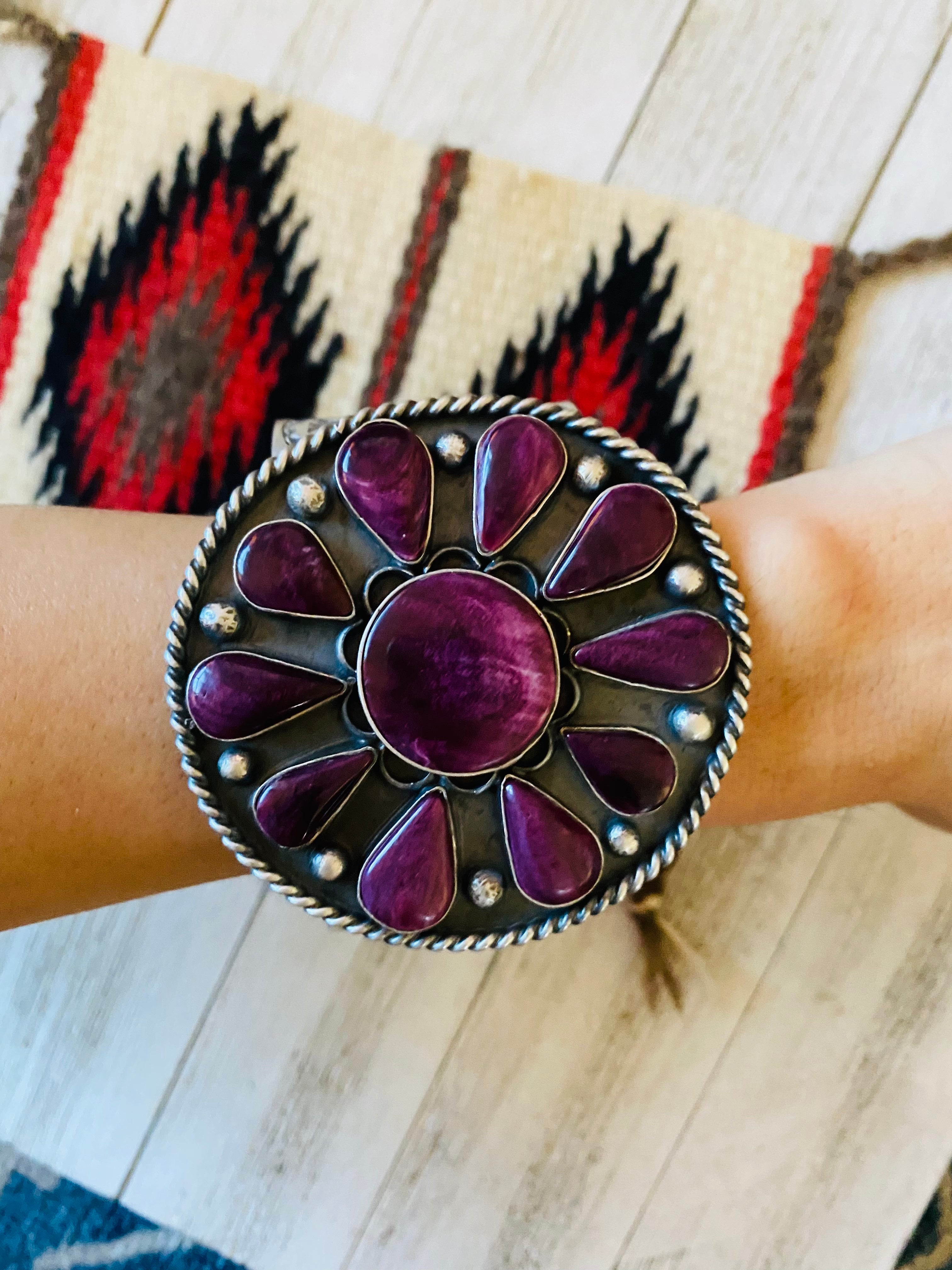 Handcrafted Sterling Silver & Purple Spiny Cuff Bracelet Signed
