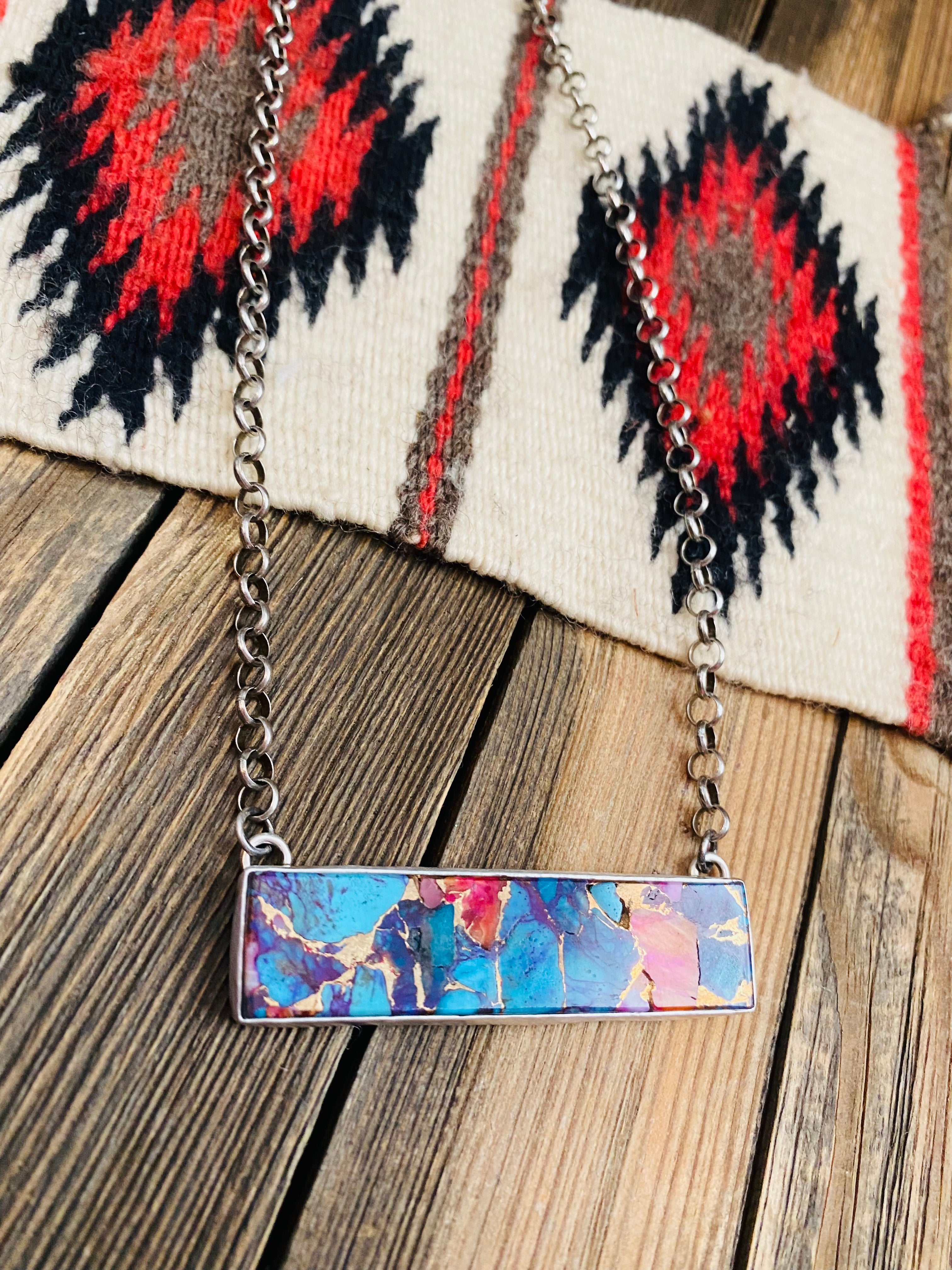 Handcrafted Sterling Silver & Pink Dream Mohave Bar Necklace Signed